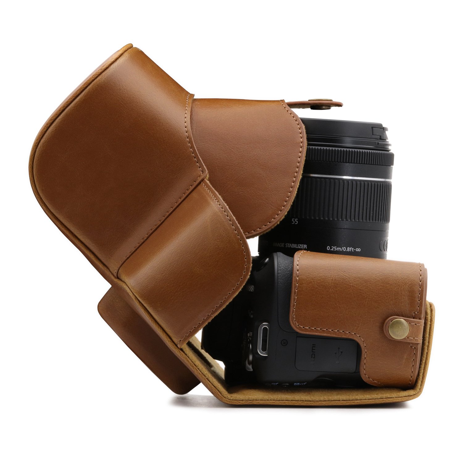 MegaGear Ever Ready - Funda de Piel para cámara Compatible con Canon EOS 250D, 200D, Lente de 18-55 mm