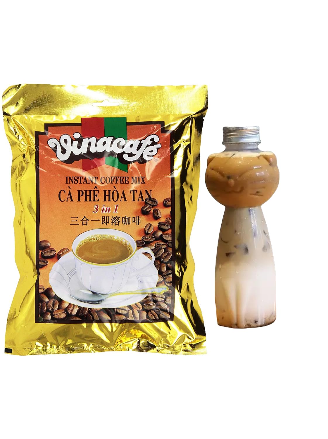 Vinacafe 3 in 1 Instant Coffee Mix, 20 Sachets plus 1pc Plastic Water Bottle, Cartoon Cute Cat Design Kawaii Resuable