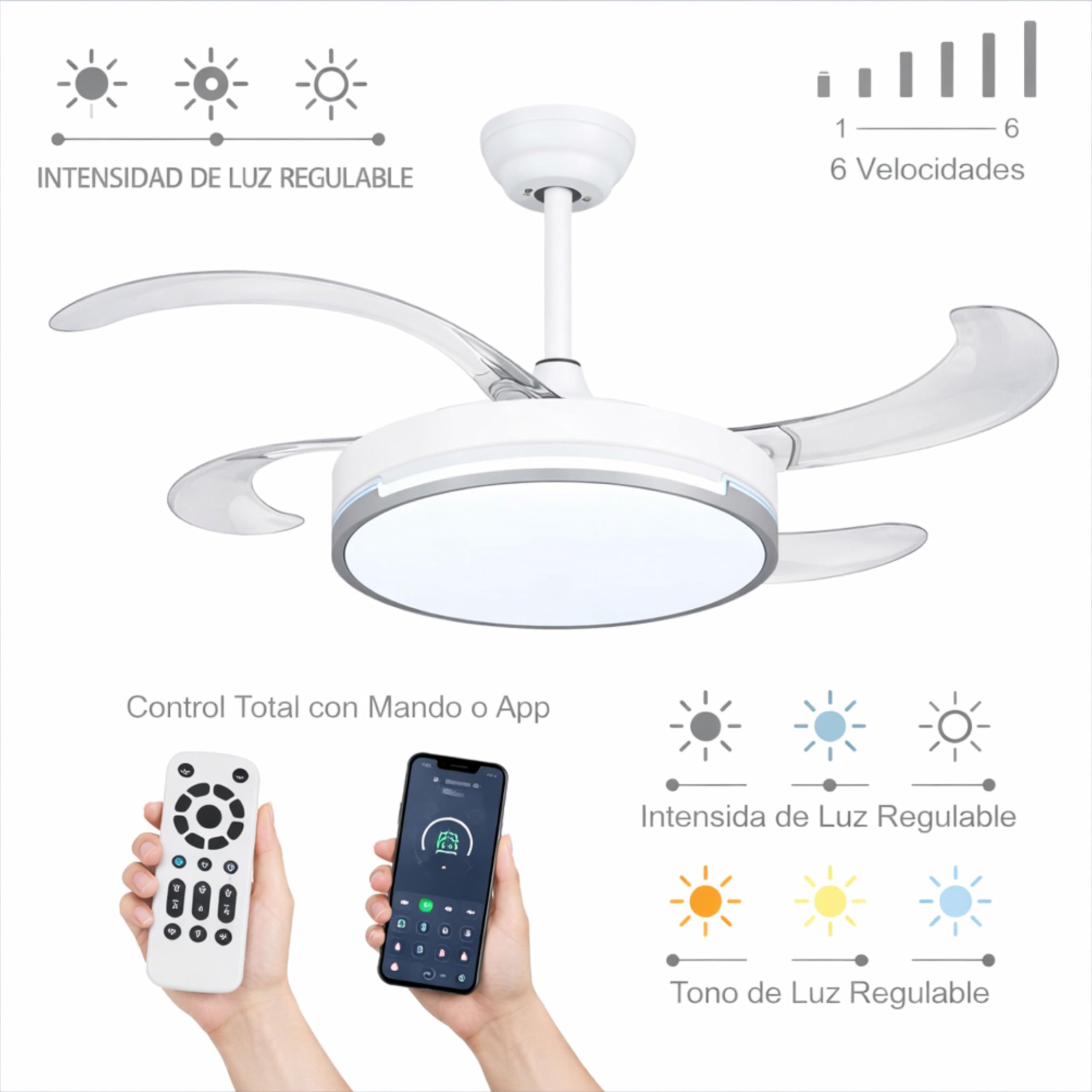 Ventilador de Techo Led 72W, Regulable en Intensidad y en Tono de Luz de Fria a Cálida, 4 Aspas Retráctiles, Mando a Distancia y APP para Móvil, Motor DC Ultra Silencioso, 6 Velocidades (blanco) — view 2