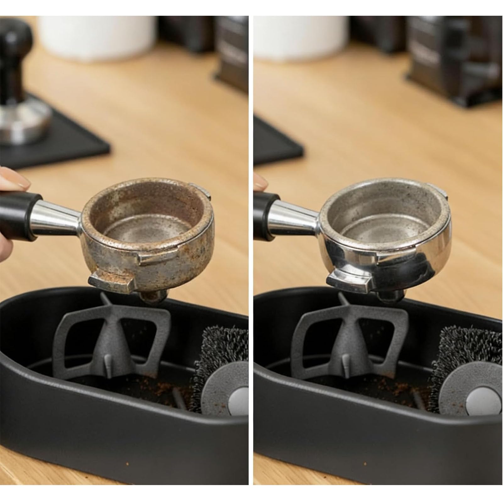 Kit de Limpieza de portafiltro de café, Soporte de Limpieza de Espresso Premium, Cepillo de Limpieza Profunda y Bandeja antiderrames, Limpiador automático de portafiltro para 51/53/58 mm (2pcs)