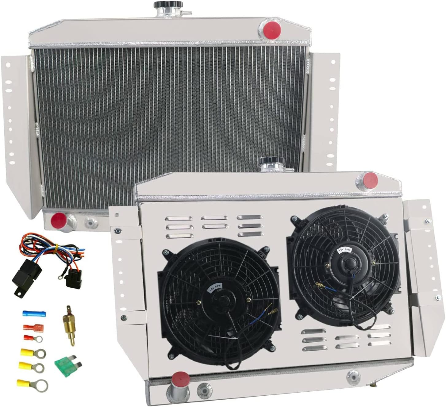 3 Row Aluminum Radiator for 1972-1979 Jeep Wagoneer Cherokee J-Series J10/ J20 5.9 V8, Radiators with Electric Fan Shroud Thermostat Kit