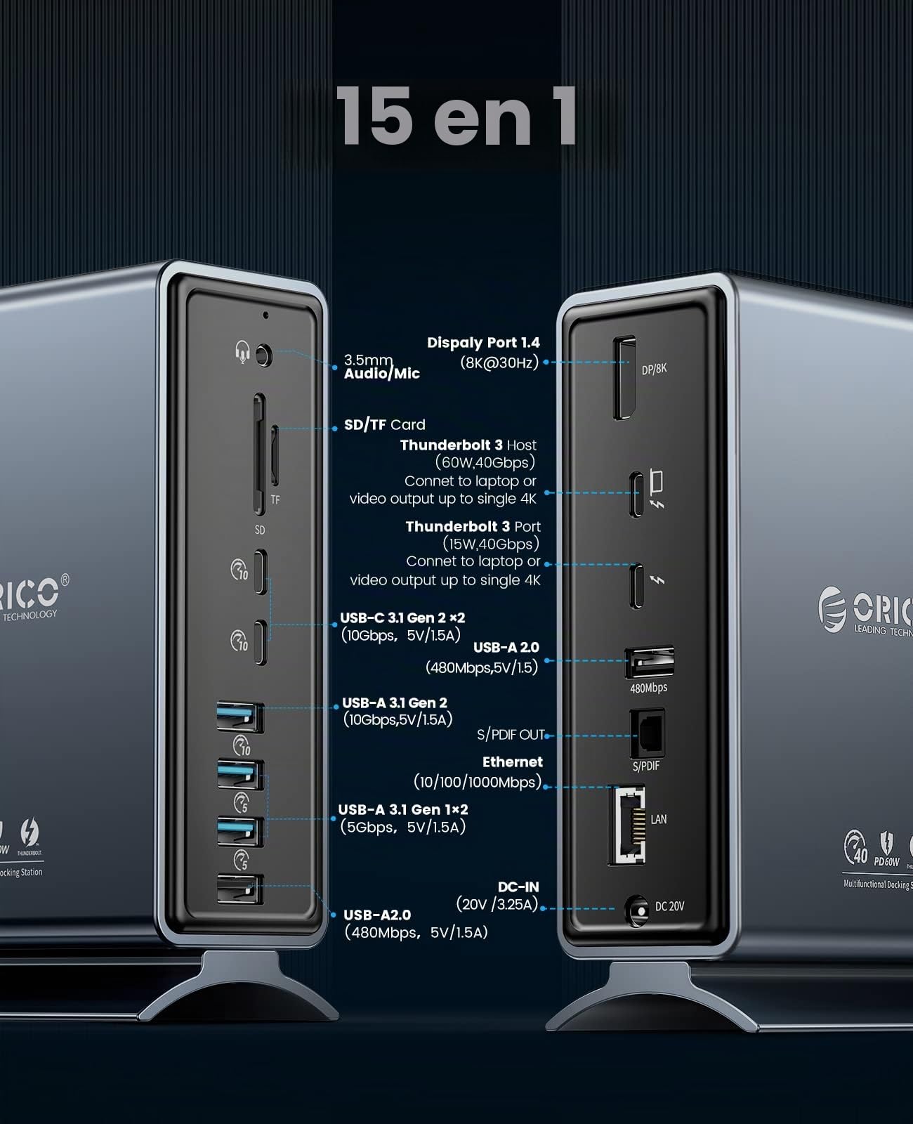 ORICO Thunderbolt 3 Dock, 15 en 1 Thunderbolt Docking Station 40 Gbit/s con 8K@30Hz, PD65W, 2X USB-C 3.1 Gen 2, USB-A 3.1 Gen 2, 2X USB-A 3.1 Gen 1, Gigabit Ethernet para MacBook Mac y Ventanas (Gris)