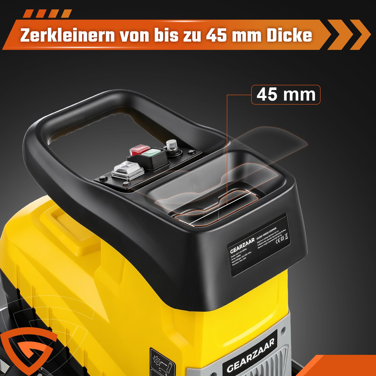 Elektro Gartenhäcksler Walzenhäcksler 3200W, max. 45 mm Aststärke, 60 L Fangbox, Leisehäcksler inkl. Gartenschere & Schutzbrille