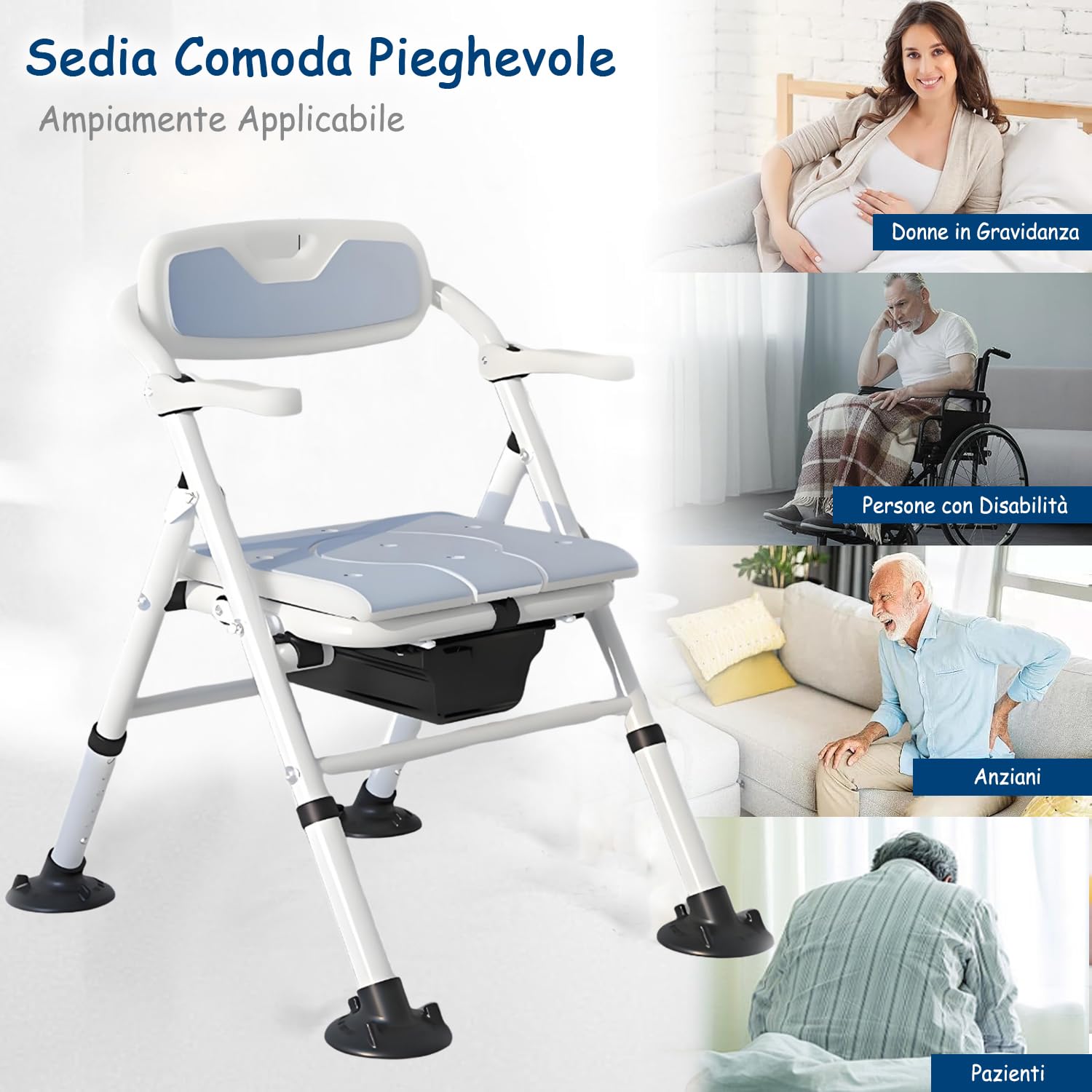 Comoda WC per Anziani, Sedia Doccia Anziani Pieghevole in Alluminio, Sedia Water Portatile Adulti Regolabile in Altezza con Braccioli Ribaltabili e Piedini Antiscivolo