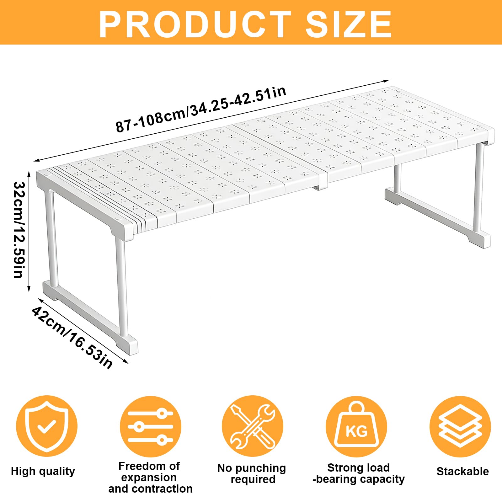 Estante de Armario Extensible, Ancho 42 cm, Alto 32 cm, Largo Ajustable 87-108 cm Gabinete Telescópicos Separador DIY Divisor para Armario, Cocina, Baño, Refrigerador, Bricolaje