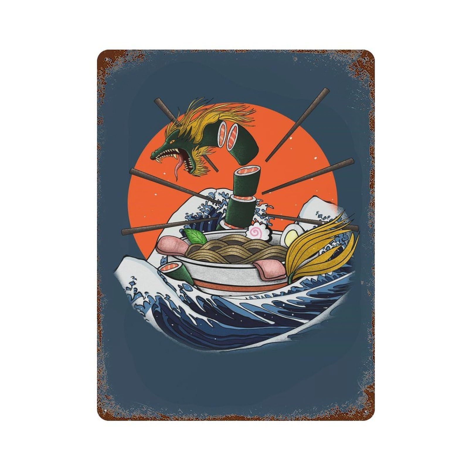 Sushi Dragon Ramen Rust Effect Tin Sign 15.7"x11.8", for Bistro, Counter And Cafe Decor, Decorative Metal Wall Art