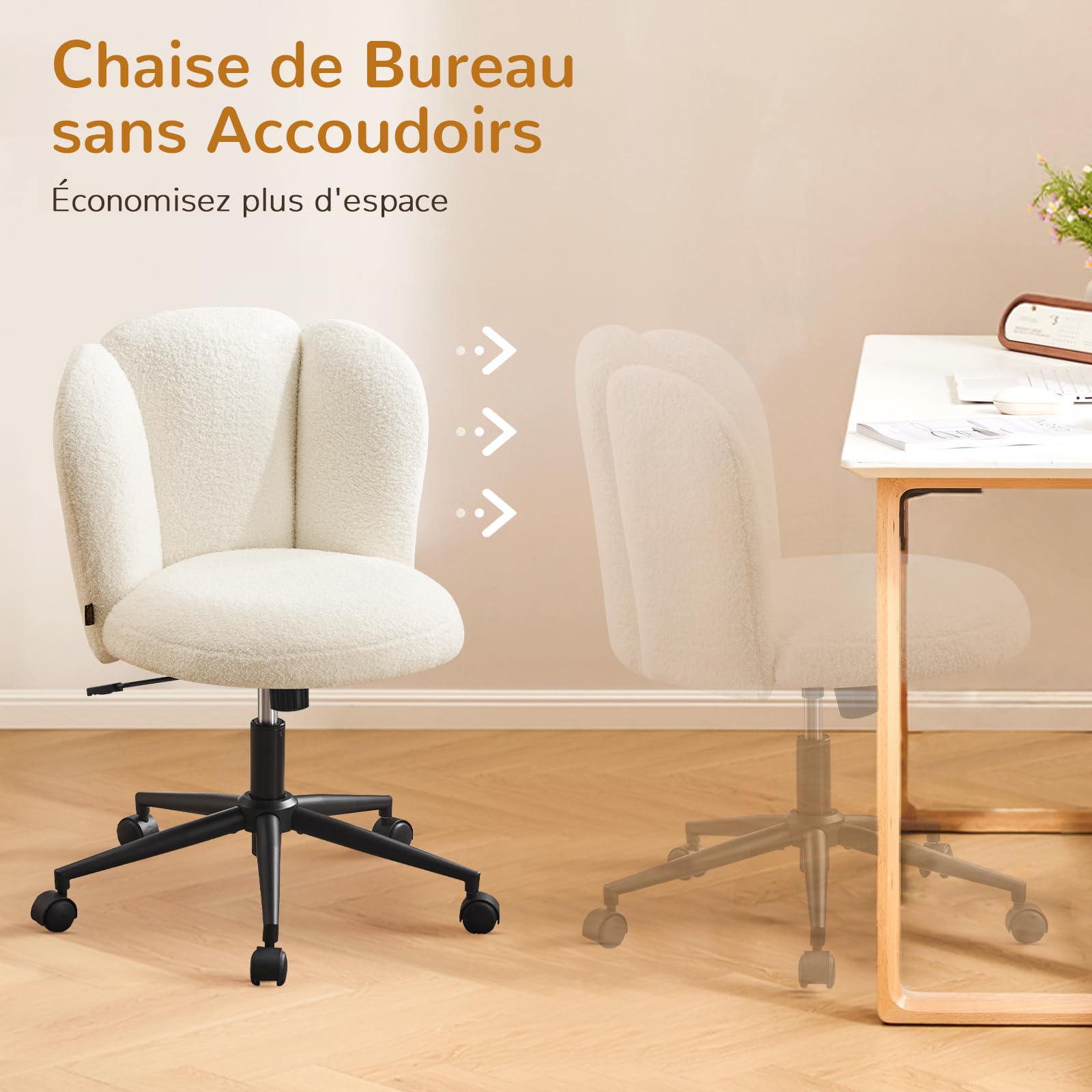 Fauteuil de Bureau, Chaise de Coiffeuse, Chaise Bureau Réglable en Hauteur avec Dossier Inclinable Pivotante à 360°, Fauteuil Coquillage Design Fleur en Bouclé pour Salon Chambre, Blanc