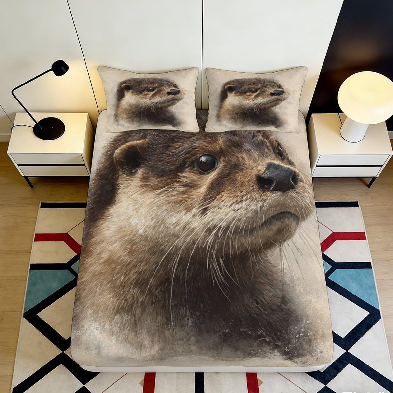 3D Printed Otter Pattern Fitted Sheet Microfiber Deep Pocket Bedroom Bedding Otter Mattress Fitted Cover Elastic Hem Washable for Adults 90x200x25cm