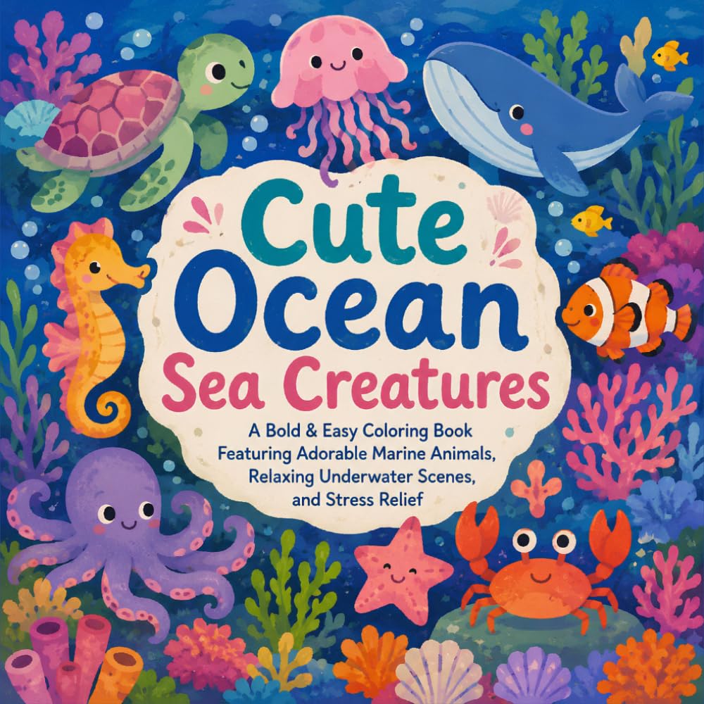Cute Ocean Sea Creatures: A Bold & Easy Coloring Book Featuring Adorable Marine Animals, Relaxing Underwater Scenes, and Stress Relief