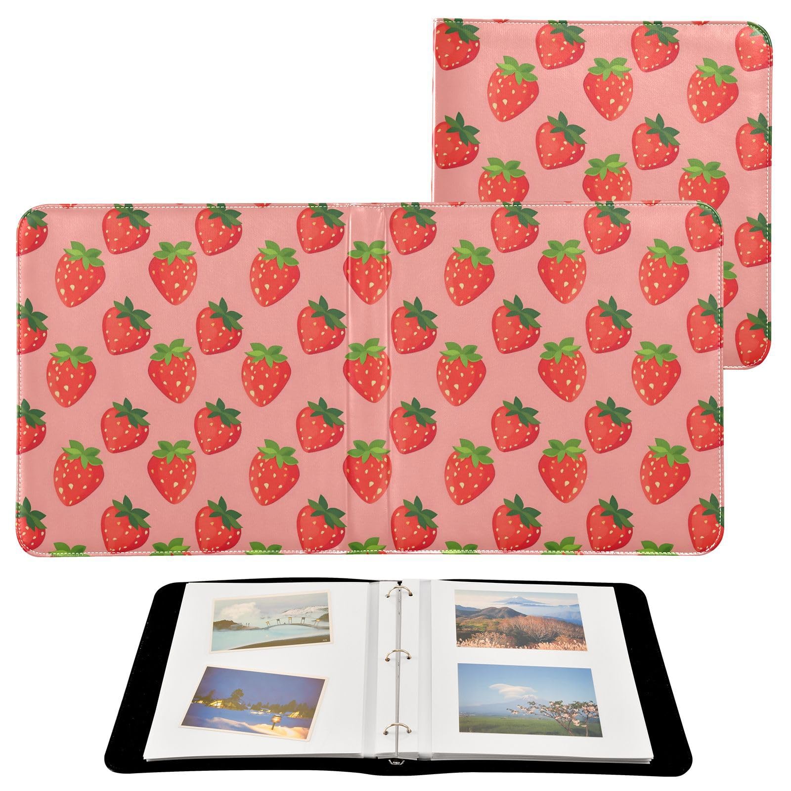 JIPONI Strawberrys Pink Background Large Photo Album, DIY Leather Cover Scrapbook Albums for 4x6 5x7 6x8 Pictures, Self Adhesive Memory Book for Wedding, Baby, Family
