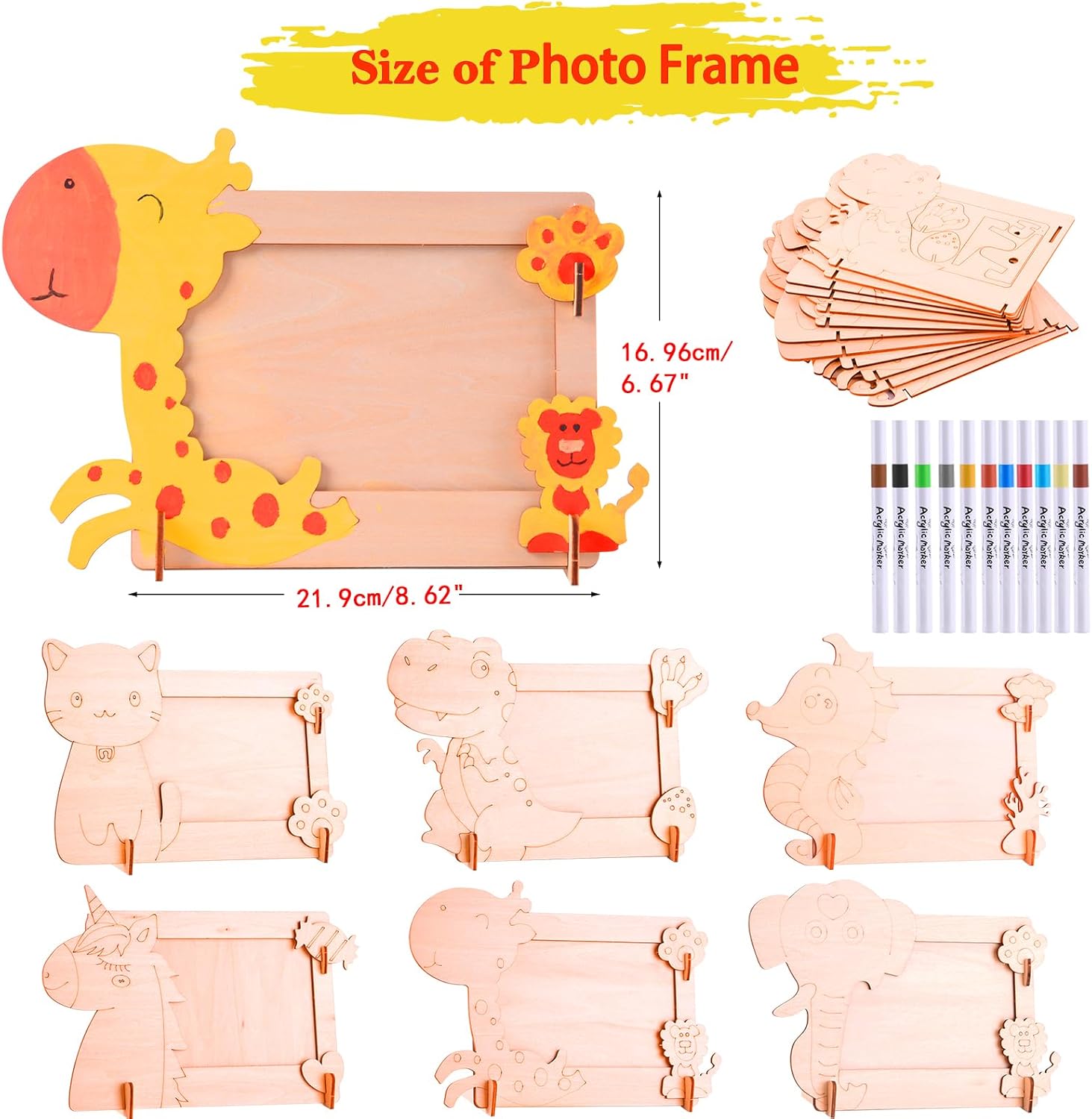 THWAS-LIGHT Photo Frame Craft Kit - DIY Arts & Crafts Painting Kits for Kids Ages 8-12 6-8, Girls Boys Easter Gifts,12 Pack Unfinished Wooden Photo Frames for Mother's Day Father's Day (Animal B)