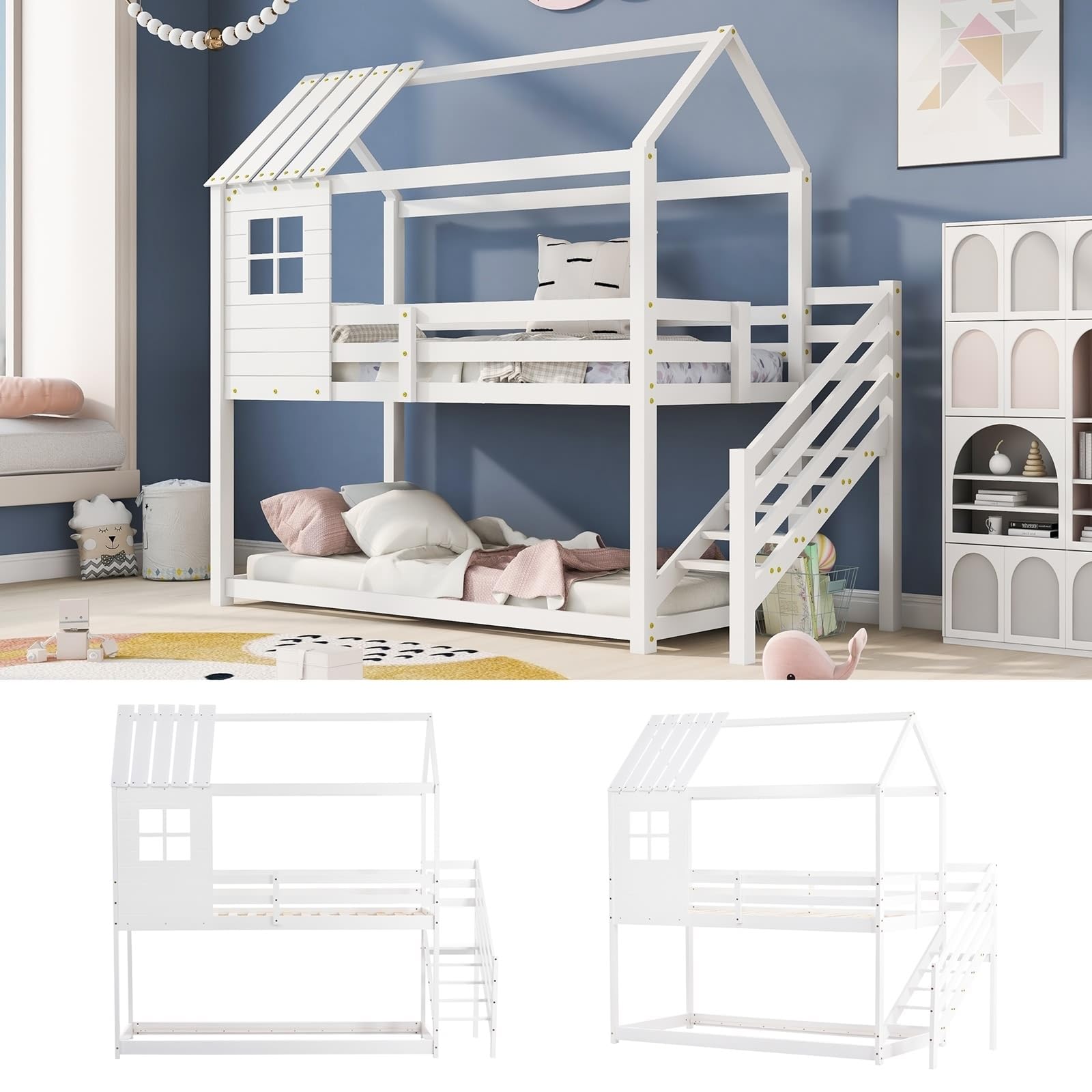 KnSam Etagenbett, Bett mit Ecktreppe, Hausbett, Kinderbett mit Fallschutz und Gitter, Hochbett mit Fenster, Rahmen aus Kiefer, Weiß (200x90cm)