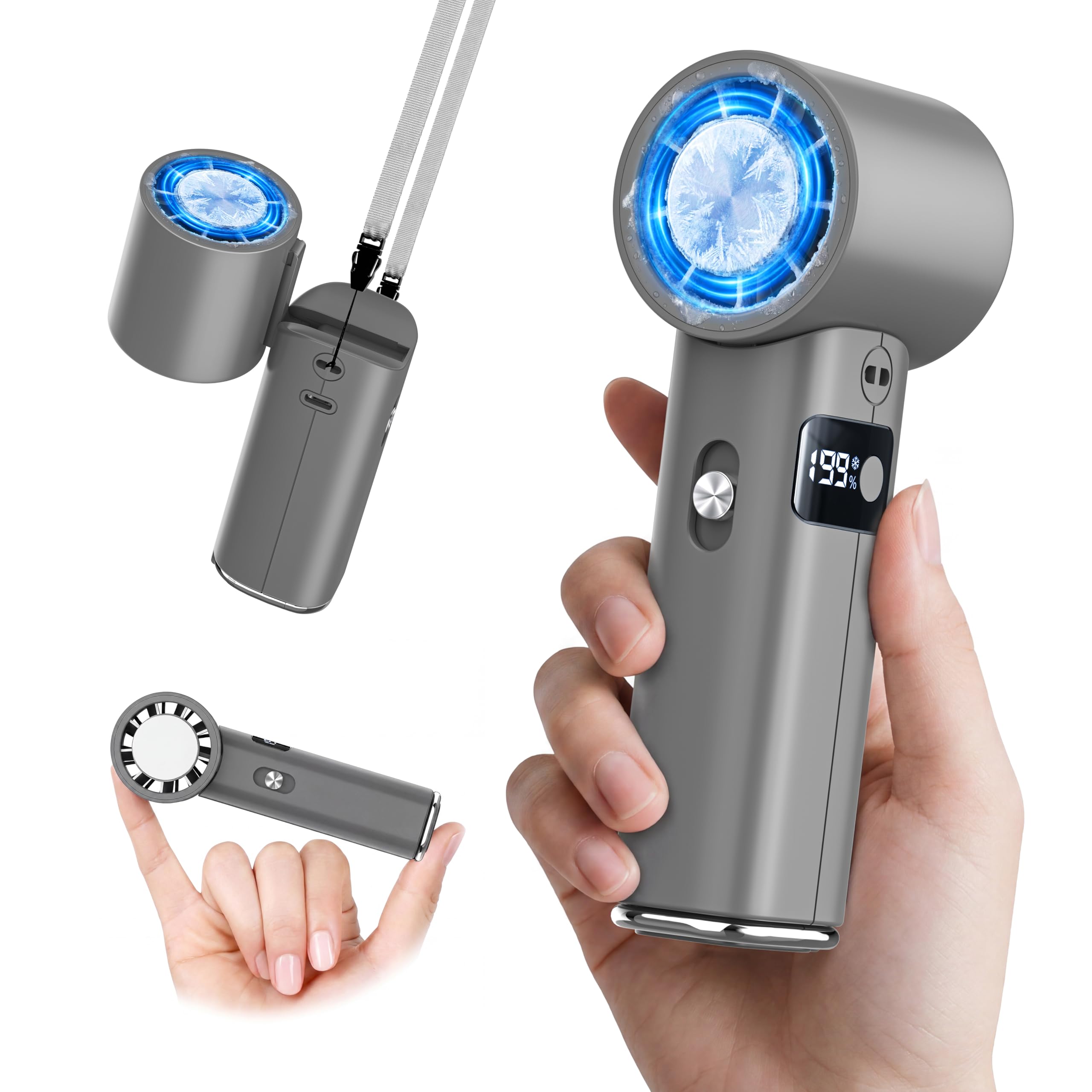 ハンディファン 冷却プレート付き 携帯扇風機 【超強力暴風・2026最強冷感】 冷却ファン 199段階調節 7000mAh大容量 Type-C急速充電 LCD残量表示 超高速モーター 静音 手持ち扇風機 折り畳み式 超軽量 首掛け 卓上 手持ち 6Way対応 熱中症対策 通勤 通学 アウトドア (グレー)