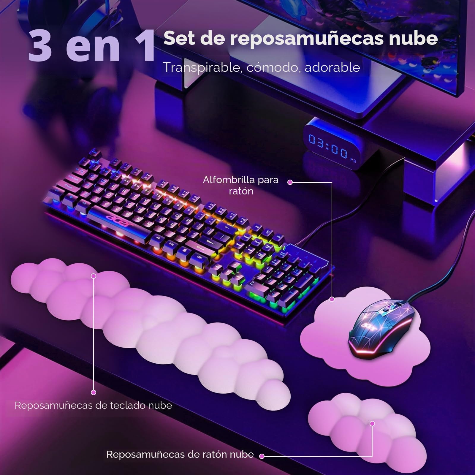 MoKo Reposamuñecas de Nube, Reposa Muñecas Ergonómico Nube para Teclado y Ratón, Reposa Muñecas de Poliéster Duradero para Teclado, Ratón, Oficina, Juegos, Ordenador, Portátil, Rosa