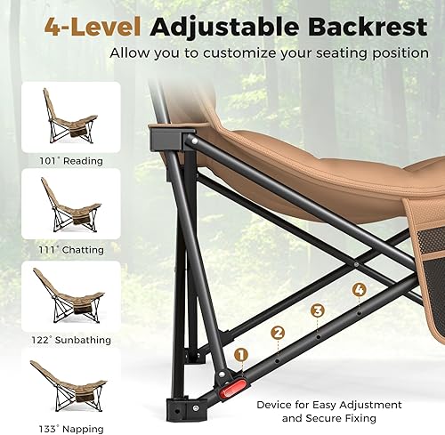 Miniatura 8 de Goplus Silla de camping plegable portátil, silla acolchada de 4 posiciones para exteriores con soporte de 500 libras, bolsillo lateral y bolsa de