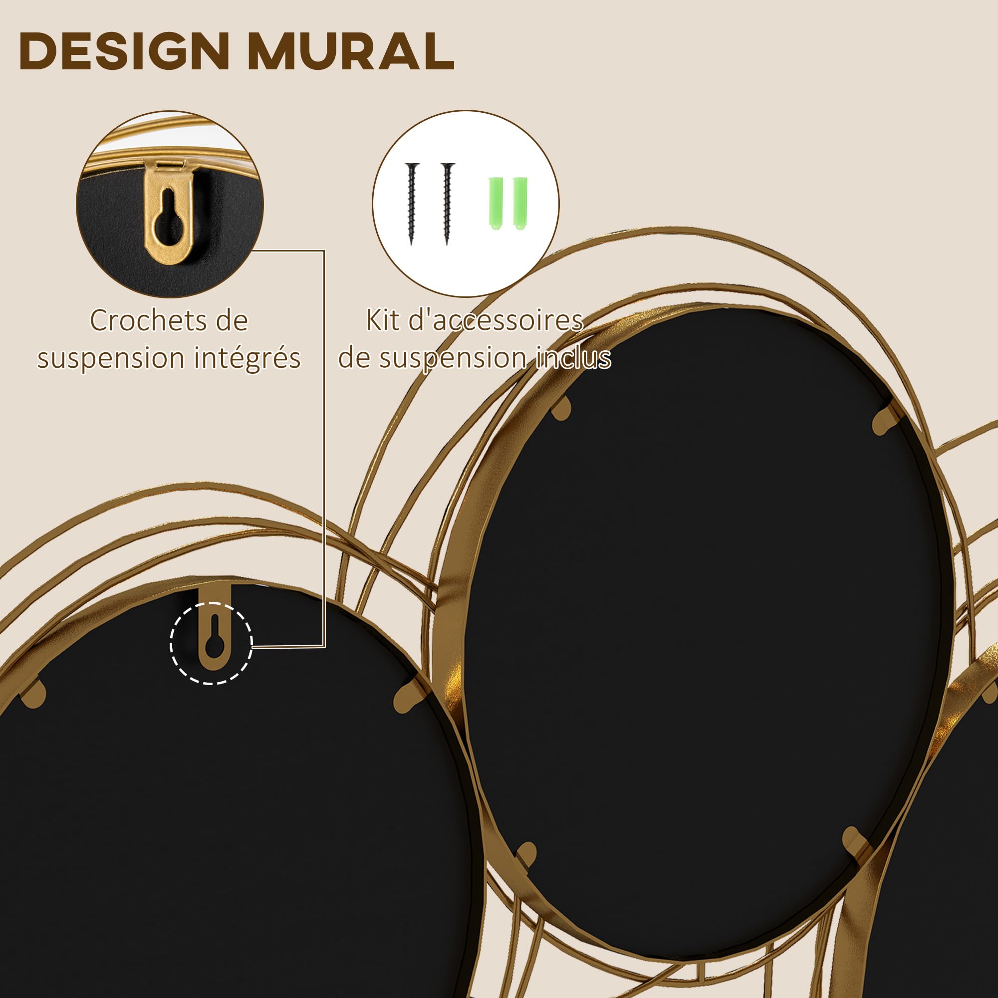 HOMCOM Ensemble de 4 Miroirs Murals Ronds en Métal Dorés 107 x 56 cm