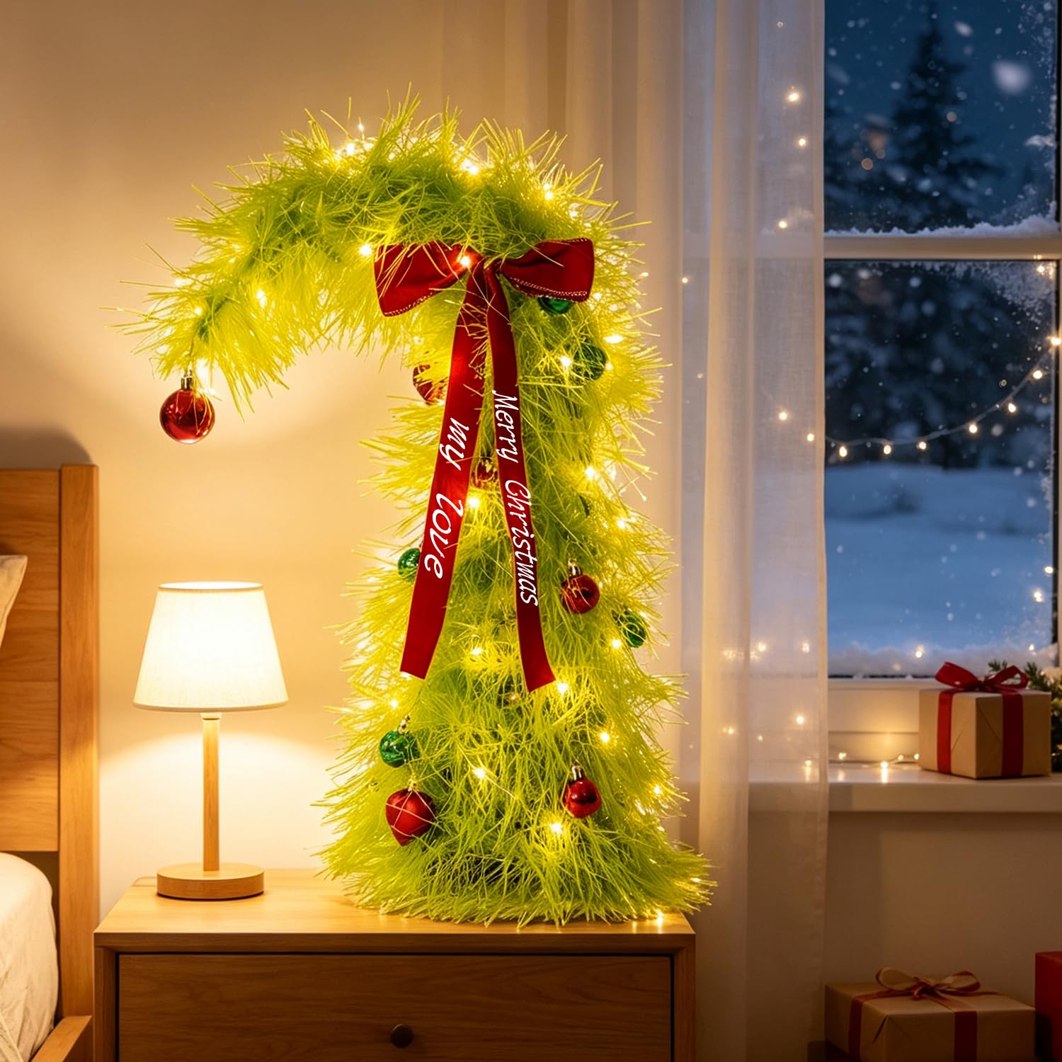 Mini Christmas Tree 20″ Tabletop Grinch Tree with Lights/Velvet Bow/Christmas Ornaments, Desk Christmas Foldable Tree Xmas Gifts for Friends Family Christmas Decor Party Home Office Indoor Velvet Bow- 20″tassel Version