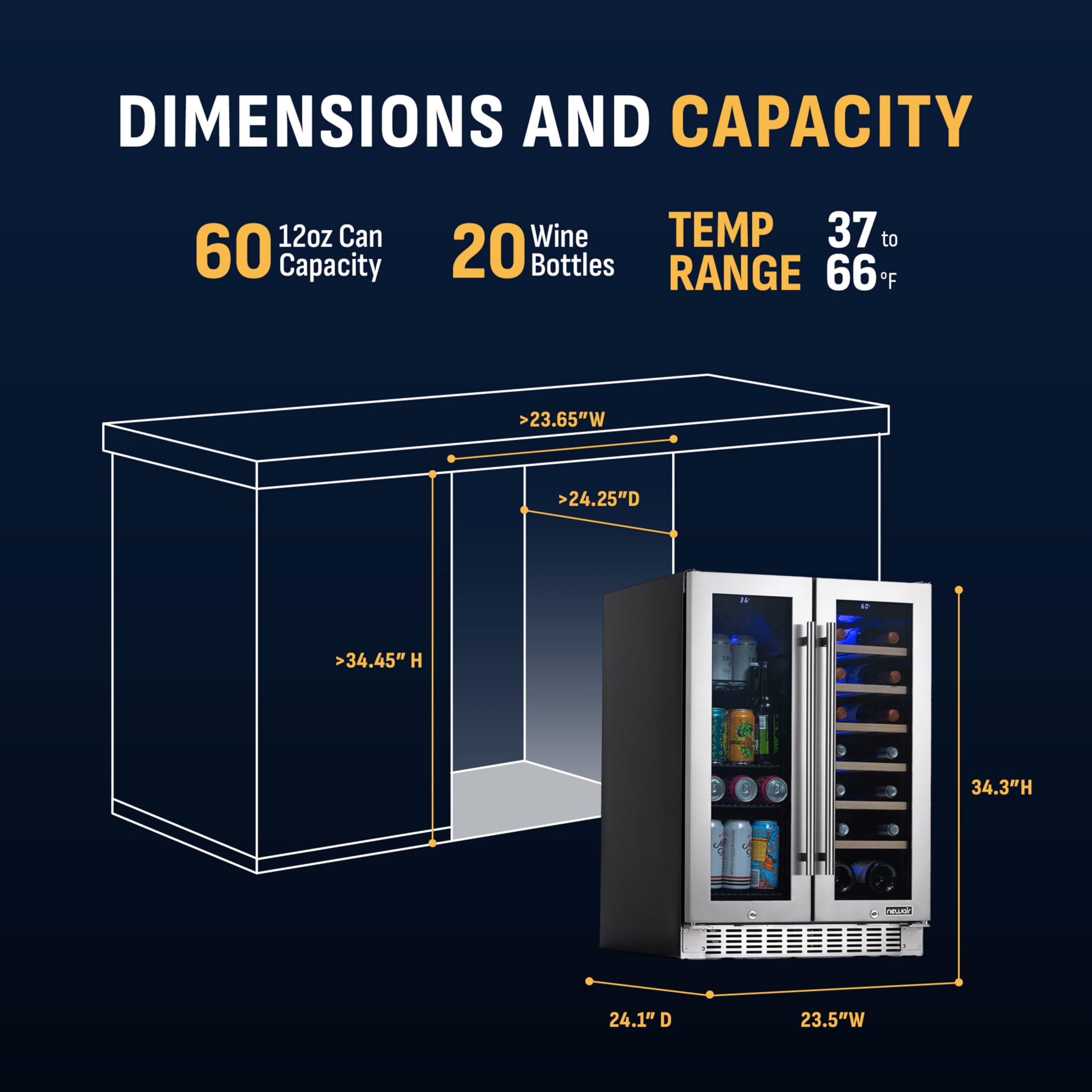 NewAir 24" Dual Zone Beverage Refrigerator & Wine Cooler For 18 Bottles & 60 Cans | Freestanding Or Built-In Under Counter Mini Fridge For Beer, Wine And Soda | Stainless Steel on Fridge.com - View 5