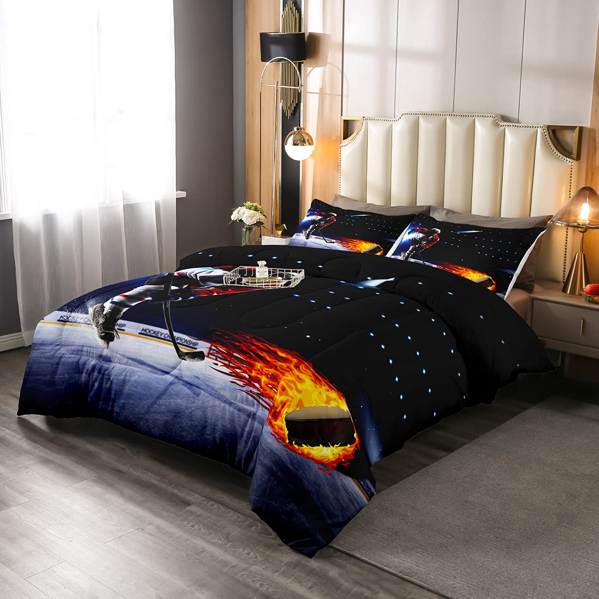 Erosebridal Ice Hockey Comforter Set Full Hockey Sport Player Quilted Duvet Winter Extreme Sport Game Duvet Set Sports Arena Flame Pattern Quilt Set for Boys Teens Adult Blue Black
