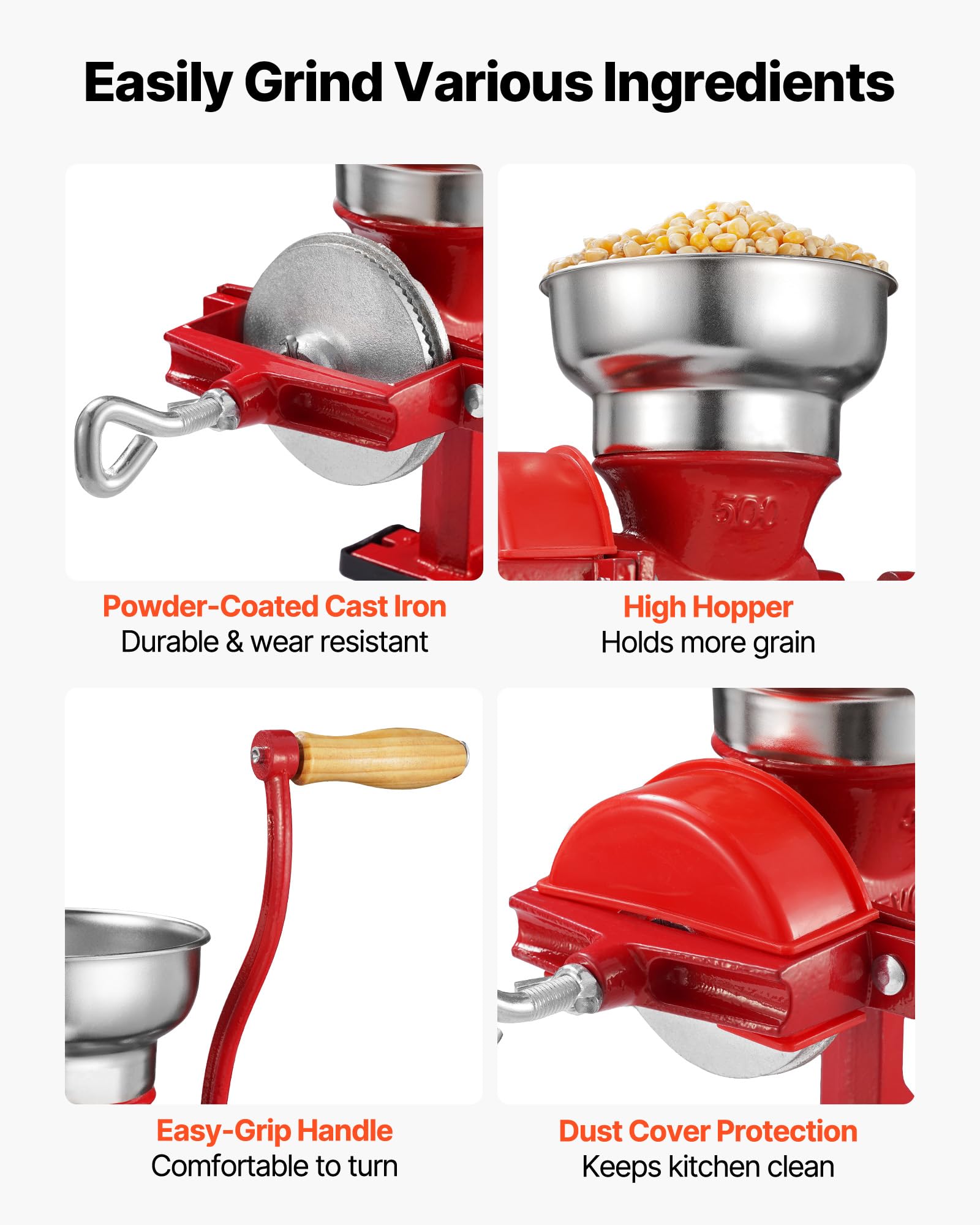 VEVOR Molinillo de Cereales Manual con Manivela y Tolva Baja de 7 cm, Molino de Granos de Hierro Fundido, con Abrazadera de Mesa Estable y Cubierta Antipolvo, para Especias, Café, Nueces, Cereales