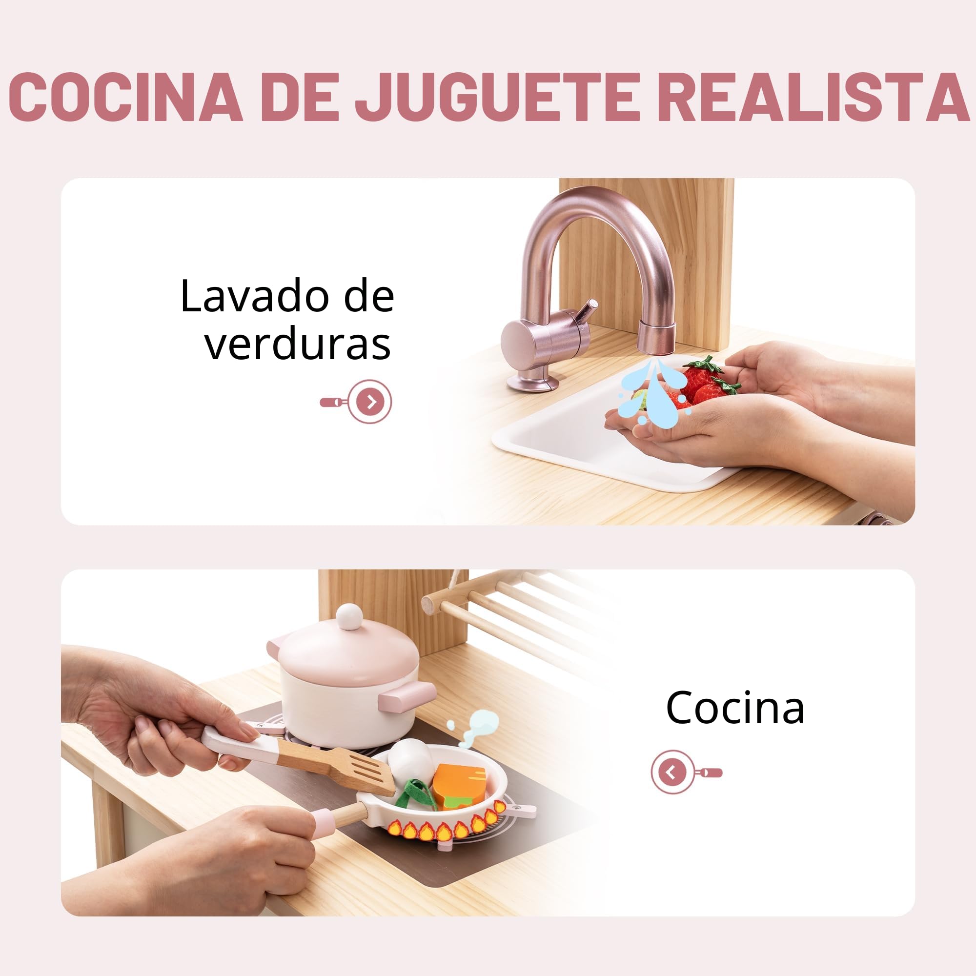 ROBUD Cocina de juguete para niños pequeños, cocina de madera con accesorios realistas, juego de cocina de juguete con muchas características de juego, cocina de juguete de estilo moderno para niñas y