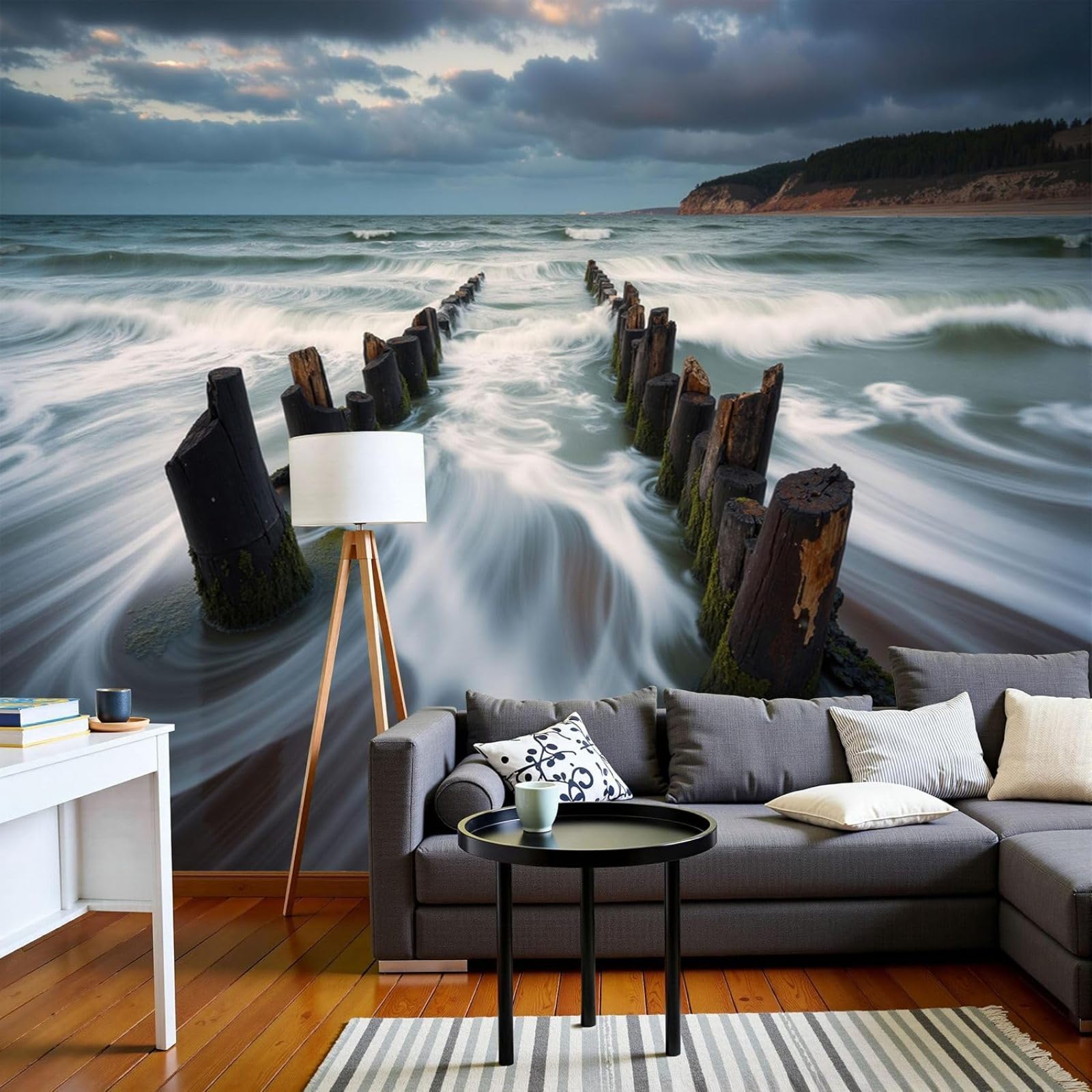 Photo wallpaper, Coastline Non-woven Waves Crashing Against Wooden Stakes XXL Modern Wall Mural, Dark Blue Wall Decor Decoration for Living Room Bedroom, 150cm x 105cm Stickers - Frameless Painting -