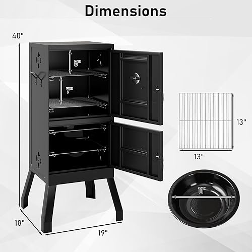 Miniatura 8 de Happygrill Parrillas de carbón, parrilla vertical de 40 pulgadas con termómetro integrado, amortiguadores de aire ajustables, bandeja de agua