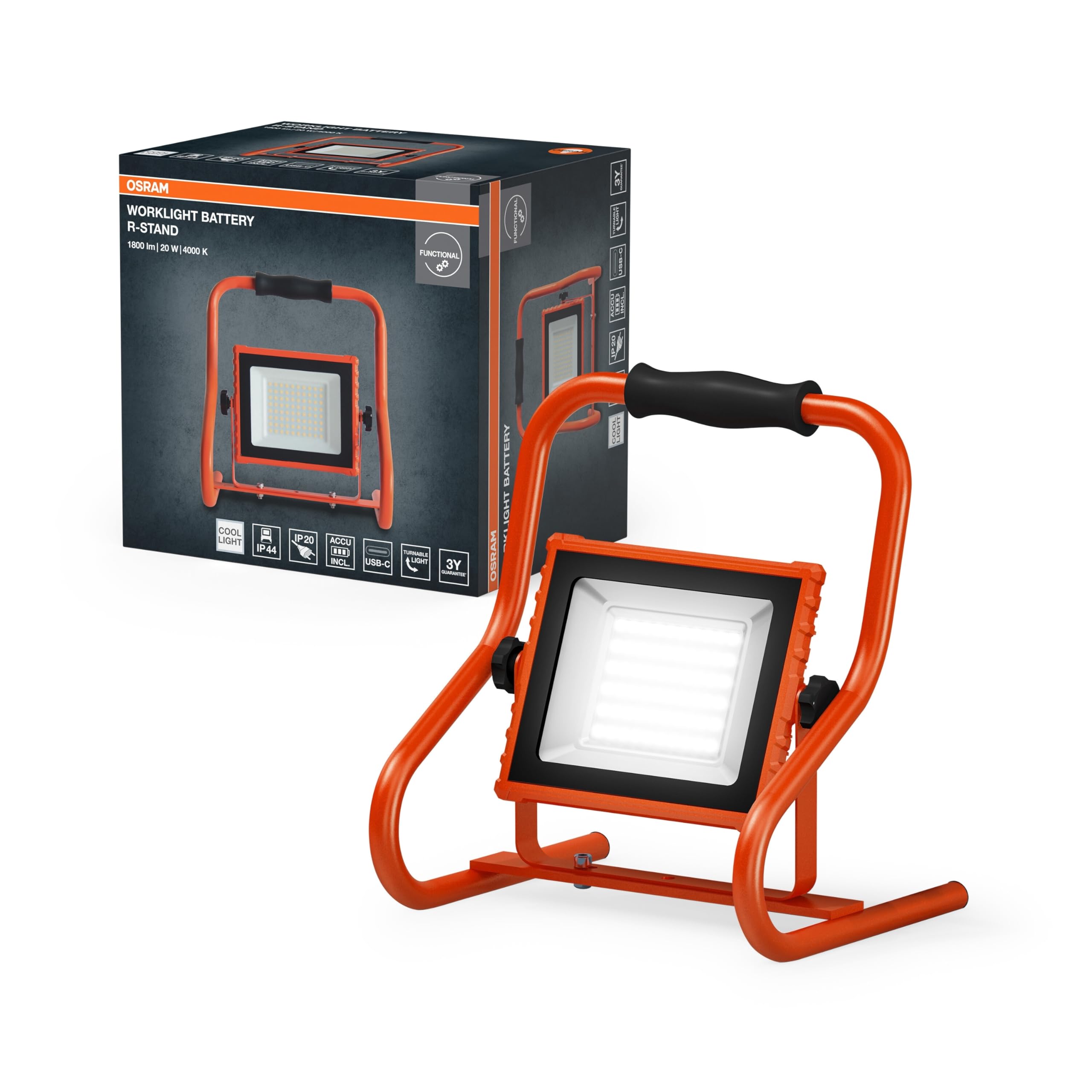 OSRAM Lampa robocza zasilana akumulatorem R-Stand 20W 4000K w kolorze pomarańczowym z obudową aluminiową, stopień ochrony IP44, do renowacji, piwnic i garaży