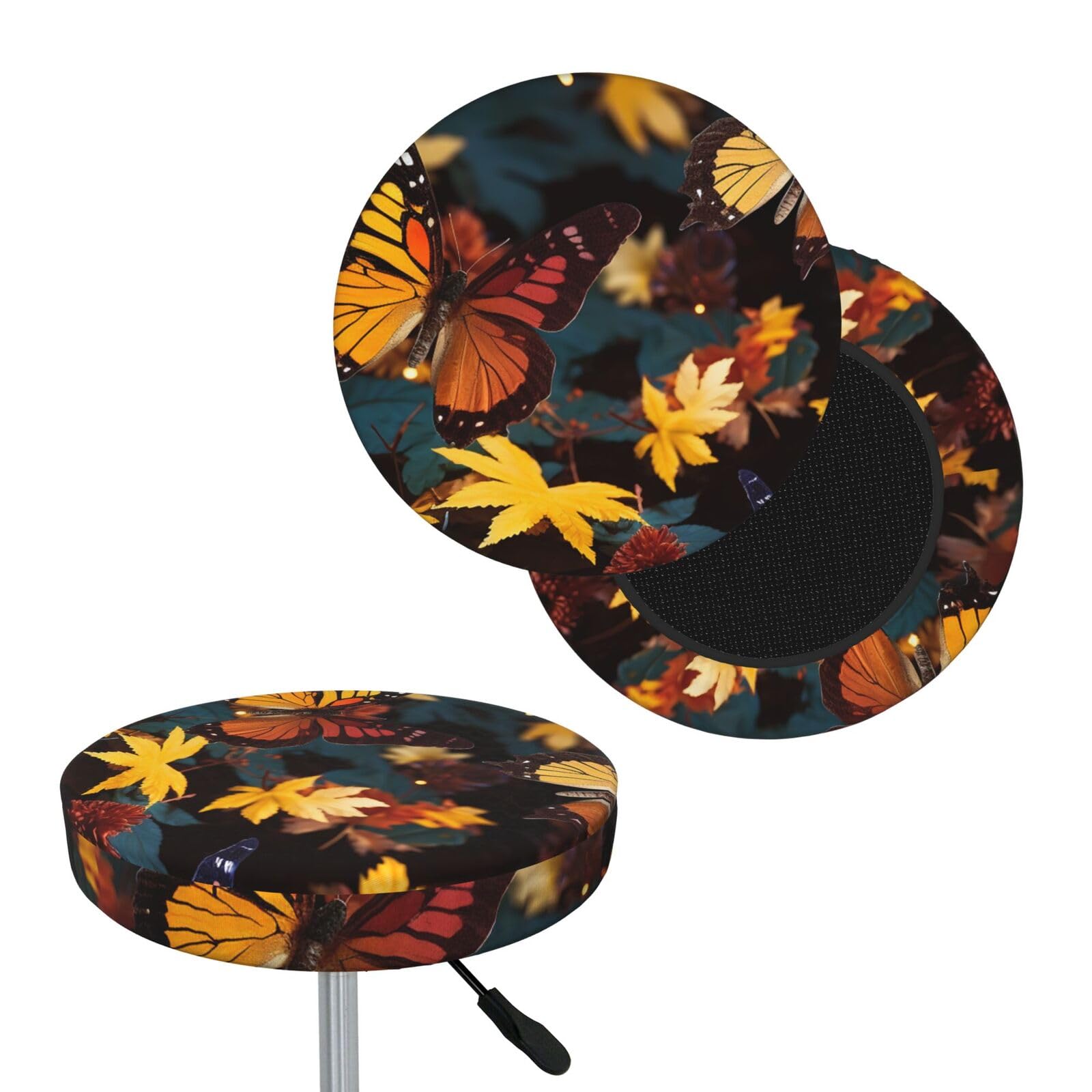 NONHAI Autumn with Butterflies and Leaves Bar Stool Cover Round Elastic Stool Cushion Covers Dustproof Bar Chair Cover Washable Stool Cushion Slipcover Stretch Stool Seat Covers for 12-14 Inch Chair