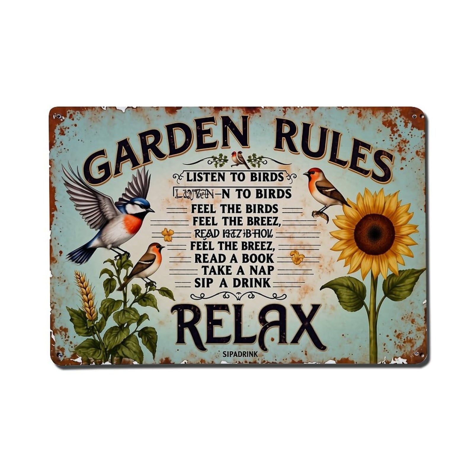 Garden Rules Relax Birds Sunflower Retro Metal Tin Sign, Vintage Decor Art Poster for Bar, Home, Man Cave, Kitchen, Laundry Room Gift 8x12Inch