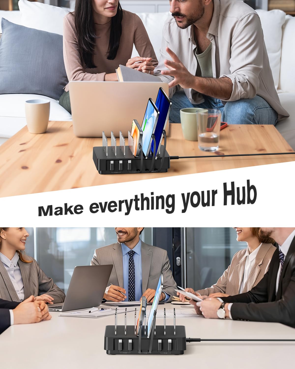 SooPii HomeHub H1, estación de carga de 60 W para múltiples dispositivos con 4 cables retráctiles magnéticos C a C y 2 C a iP, organizador de cargador para iPhone 17/16, tablet, Samsung, AirPods y más
