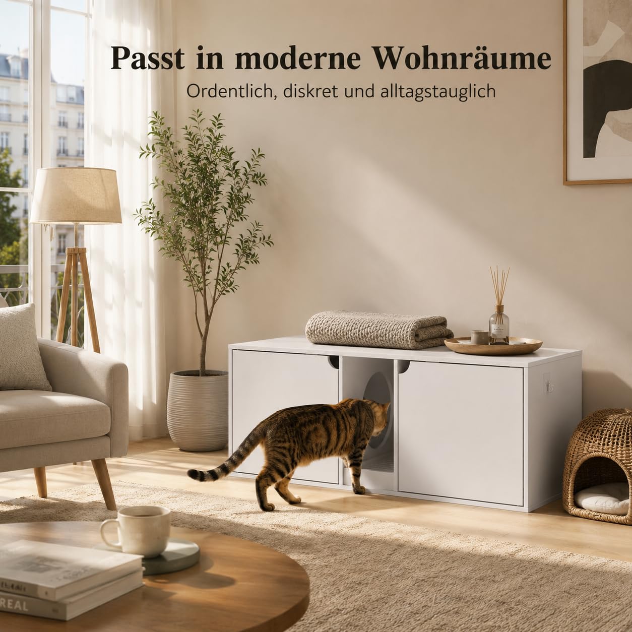 Katzenklo Schrank 110 cm Weiß Katzentoilette Möbel mit 2 Türen