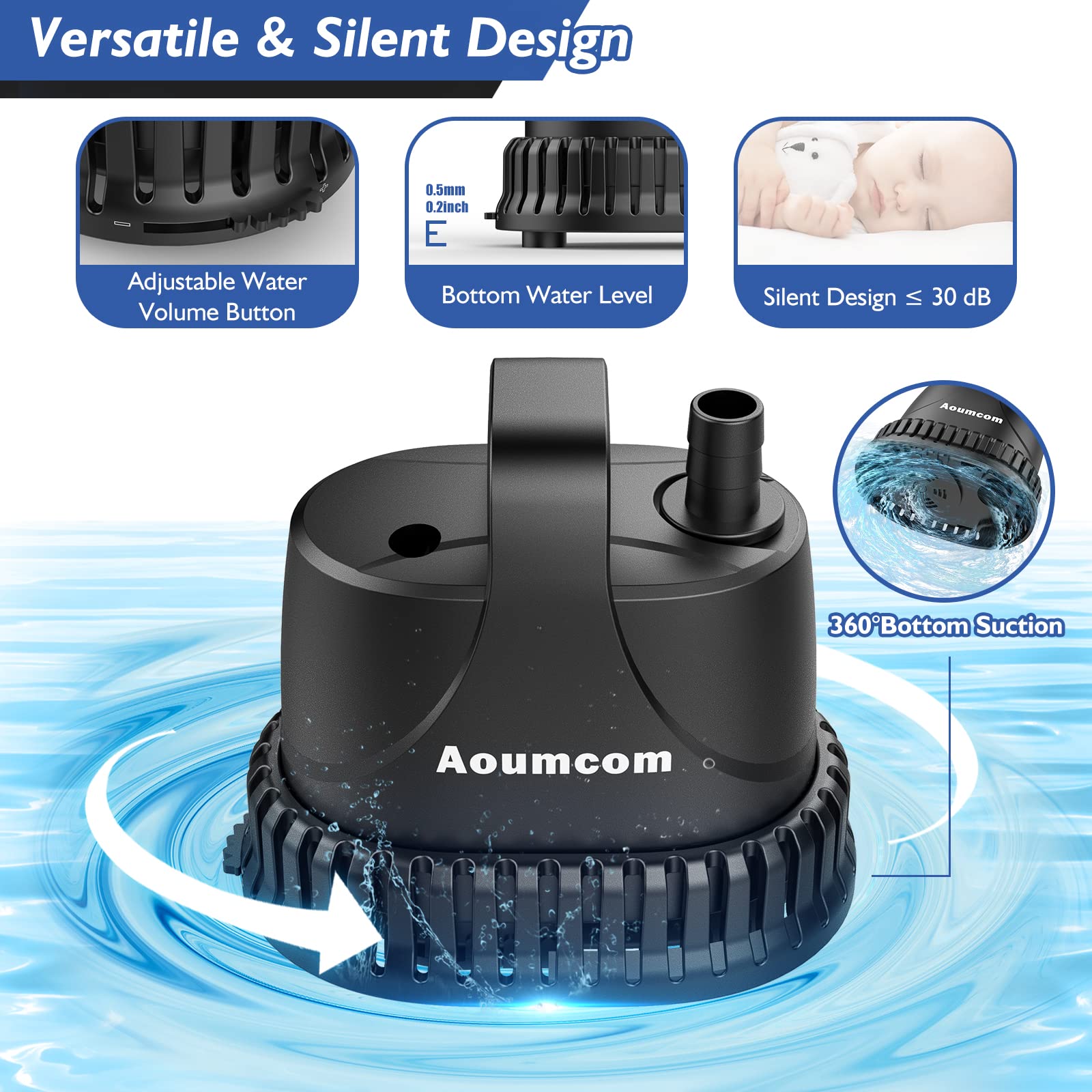 Aoumcom 200GPH Submersible Water Pump, 10W Water Fountain Pump, Aquarium Pump, 750L/H Water Pump with 7ft Power Cord for Garden Fountain, Water Table, Waterfall, Fish Tank, Pond, Hydroponics