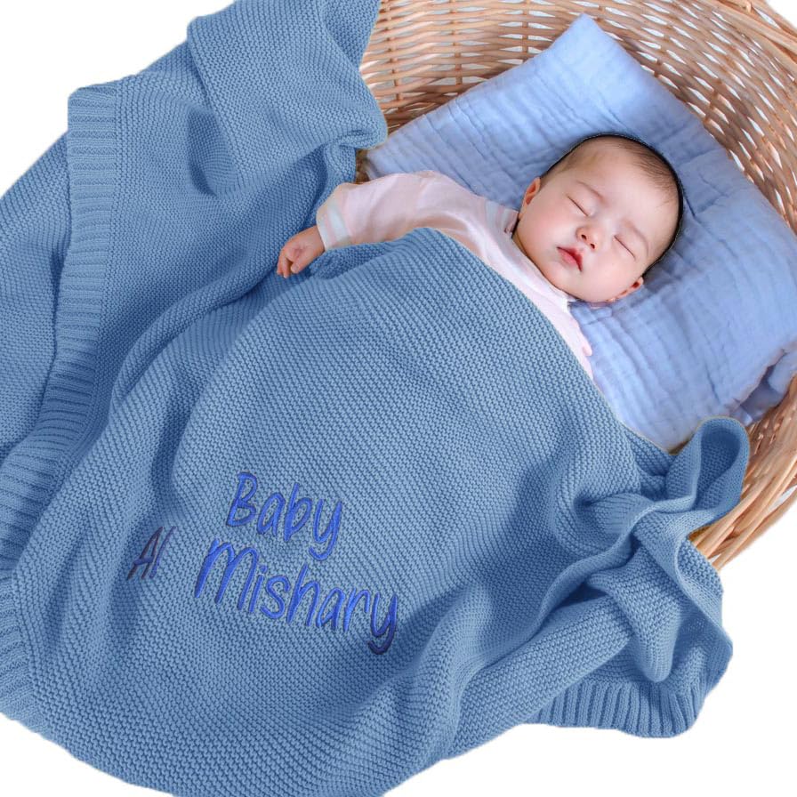 REQTYUI Personalized Baby Blanket - Custom Embroidered Name, 100% Cotton, Single Layered, Solid Blue, 30 x 40 Inches, Unisex, Perfect for Baby Care, Daily Use, Special Occasions