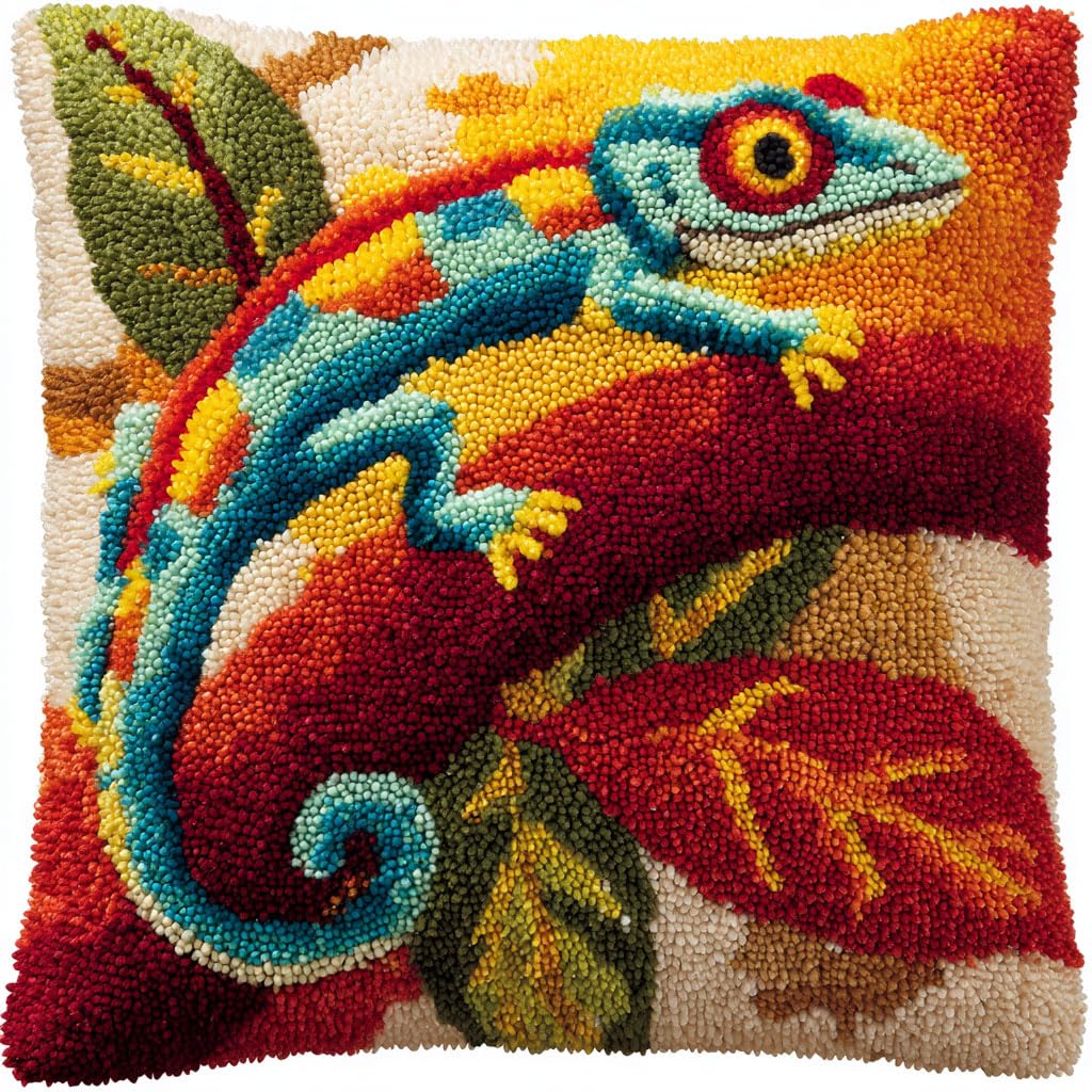 Taxpy DIY Latch Hook Cushion Kits, Animal Lizard Needlework Embroidery Set Crochet Needlework Crafts with Latch Hook Tool 43x43cm