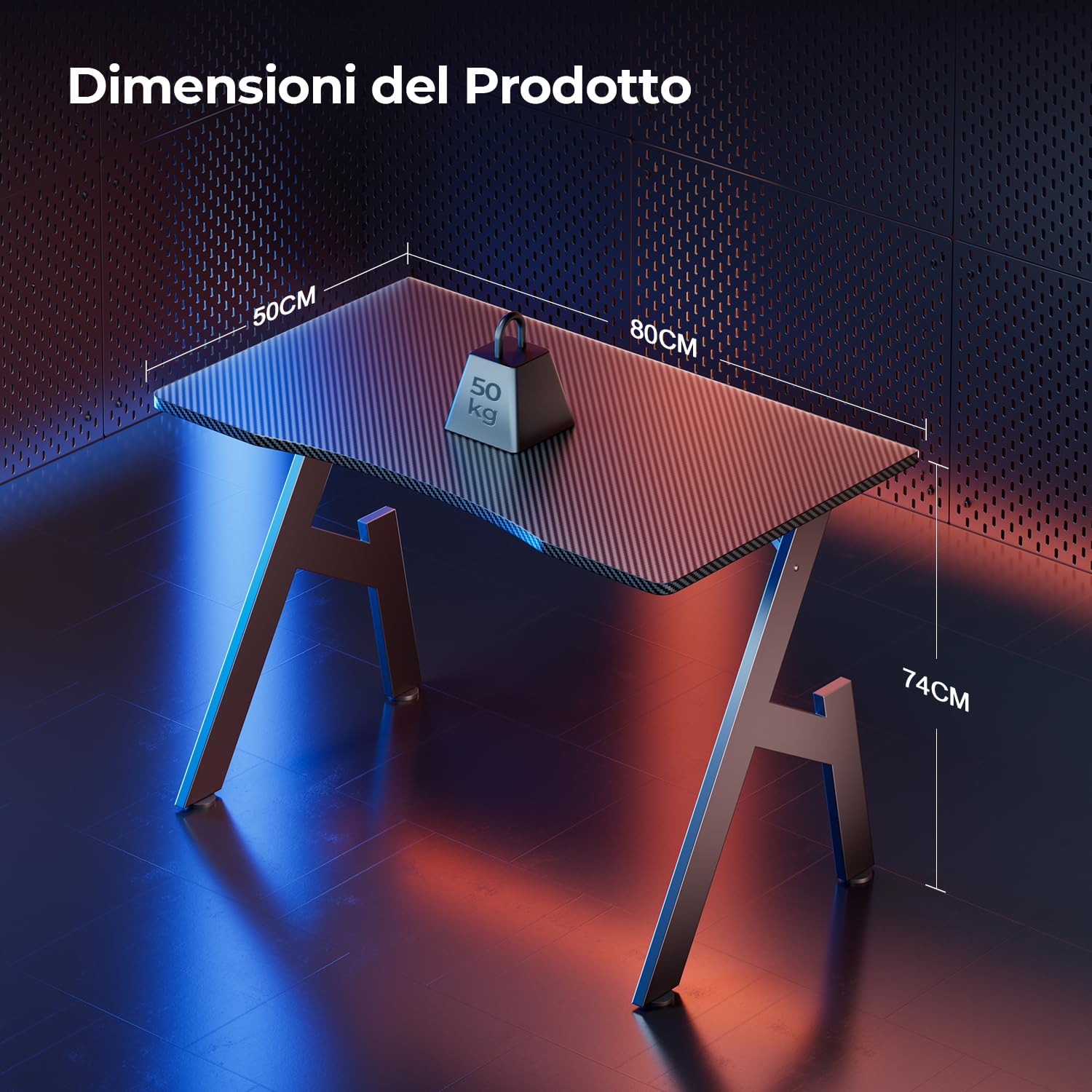 HLONONE Tavolo da gaming, 80 x 50 cm, tavolo per PC con piano monopezzo, nero | Scrivania da gioco ergonomica con superficie in fibra di carbonio, struttura in metallo stabile, per gaming e ufficio