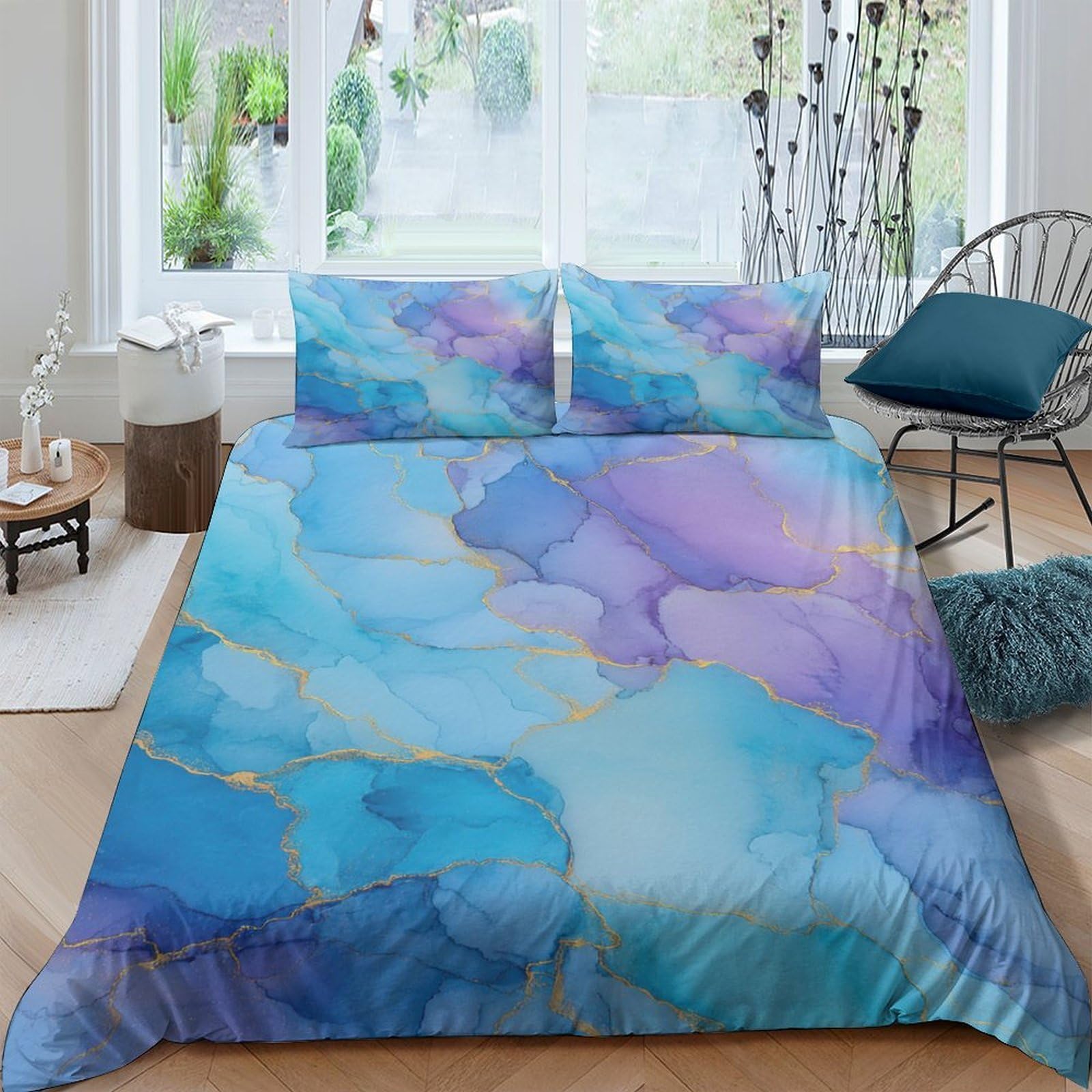 Ctjqhvkz Style-6 3D Printed Blue Marble Fitted Sheet Microfiber Soft Breathable Purple Watercolor Bed Cover For Bedroom Dorm Decor Single（135X200cm）