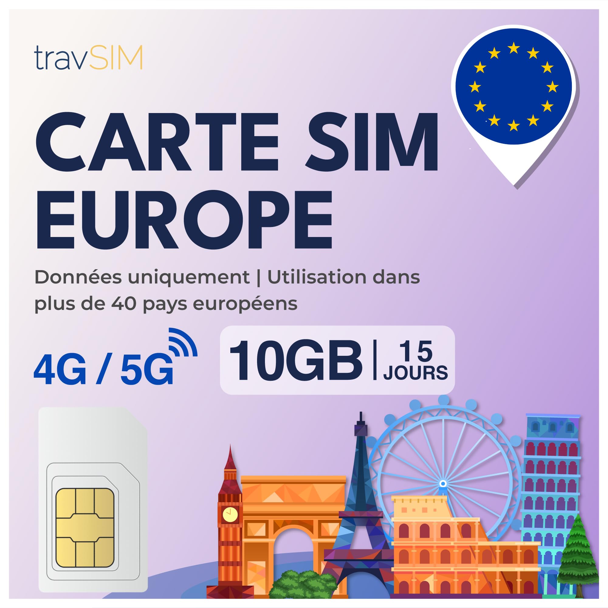Carte SIM travSIM Europe Internet | 15 Jours - 10 Go | Carte SIM Europe, Allemagne, France, Espagne, Italie et Plus Encore | Accès à Google, Facebook, Whatsapp et Plus Encore | 0 Frais d'itinérance