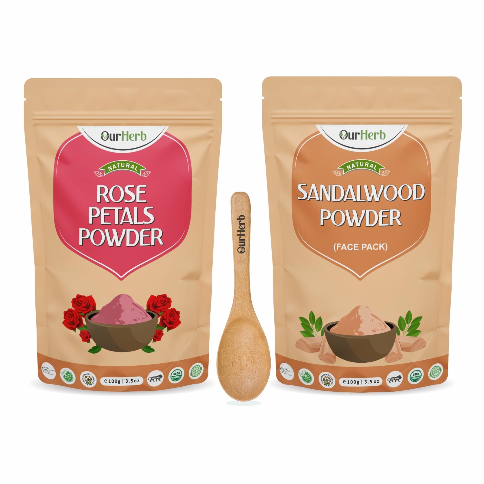 OurHerb Rose Petal and Sandalwood Powder Face Pack Pure & Natural Skin Whitening, Face mask and Facial, for All Type of Skin Care with Wooden Spoon Combo Pack - 200g (100g X 2)