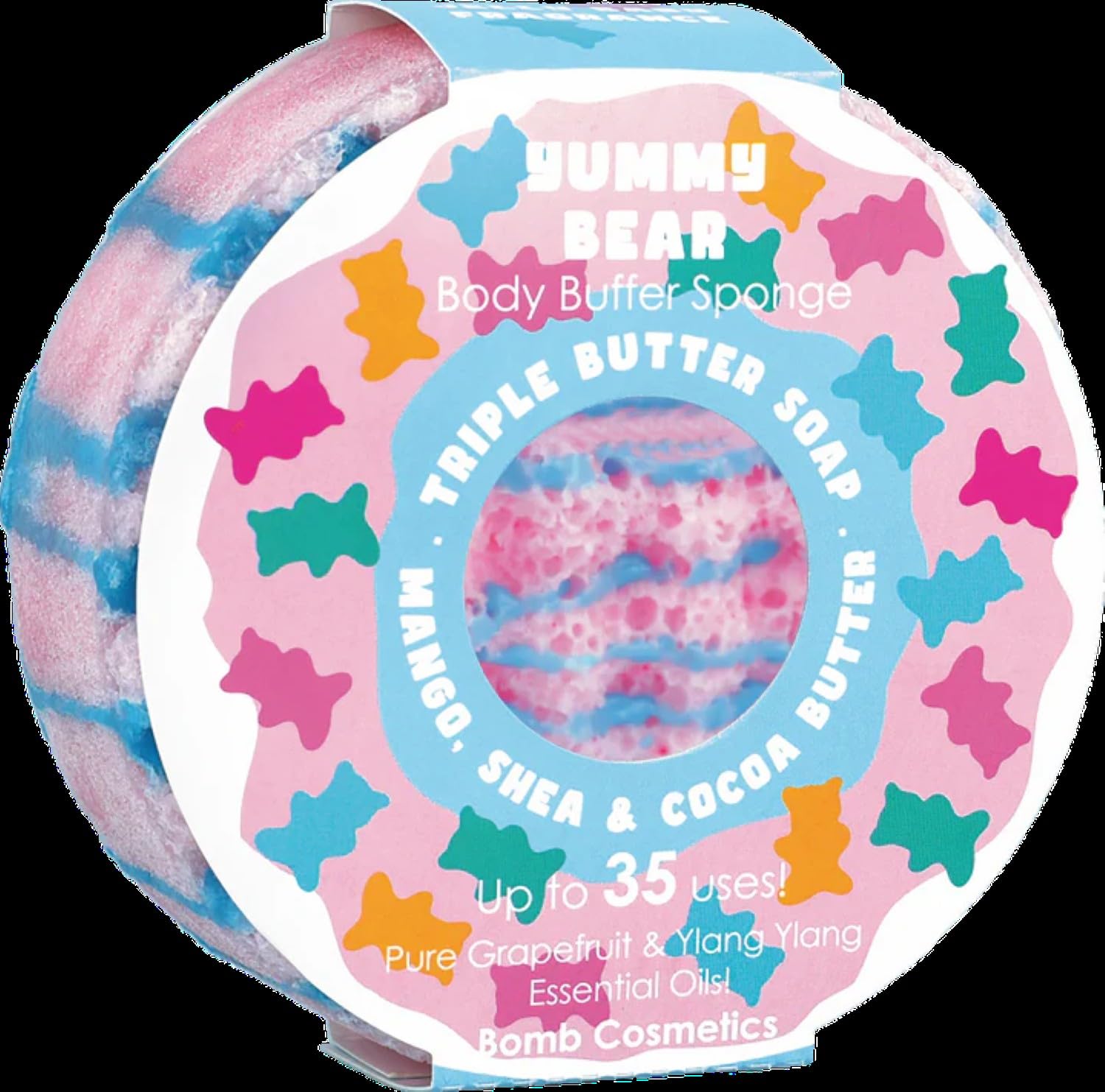 Bomb Cosmetics Body Buffer Soap Infused Sponge 2 in 1 Cleanse Exfoliate Moisturising Triple Butter Soap Sponge with Soap Inside Yummy Bear