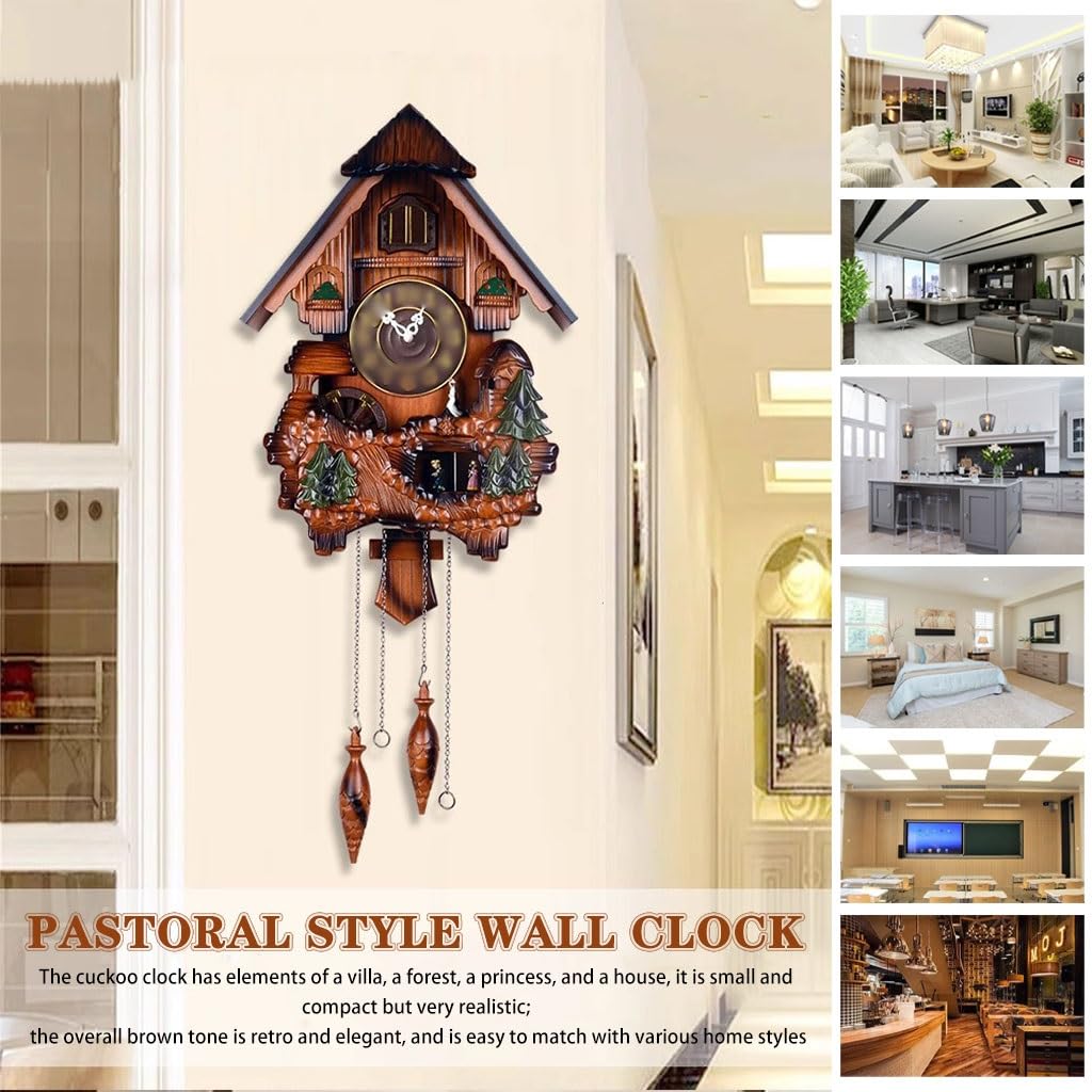 Cuckoo Clocks Wall Clock Decorative European Style Living Room Cuckoo Clock, Traditional Forest Cabin Clocks, Handmade Wooden Wall Clock, Quartz Movement, Light Control Sensor, Roman numerals, Brown