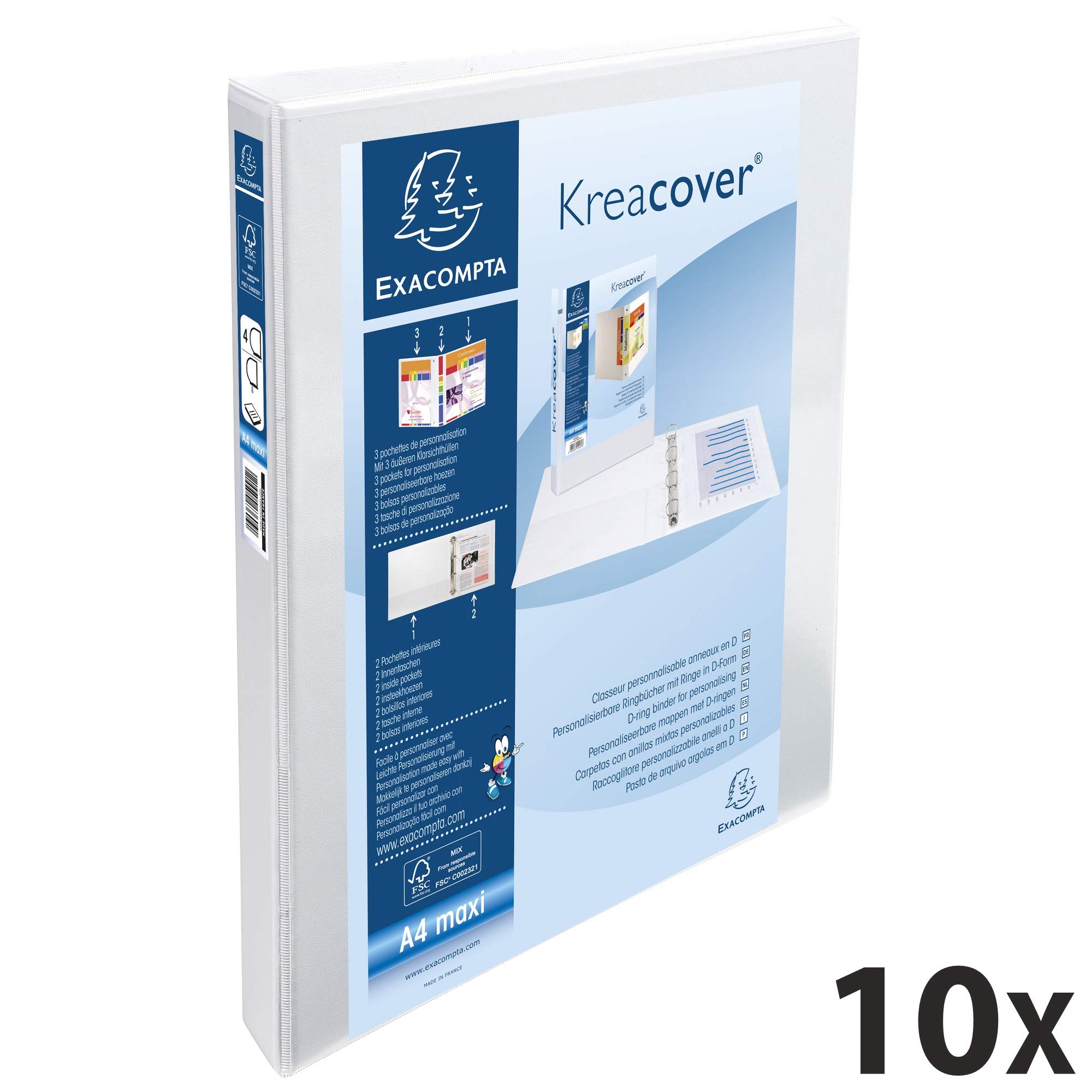 Exacompta - Ref. 51841E - Box mit 10 anpassbaren starren blickdichten Ordnern mit 3 Taschen - 4 D-Ringe à 20 mm - Außenmaße: 32 x 27,3 cm - Format zum Abheften A4 Maxi - Farbe: Weiß