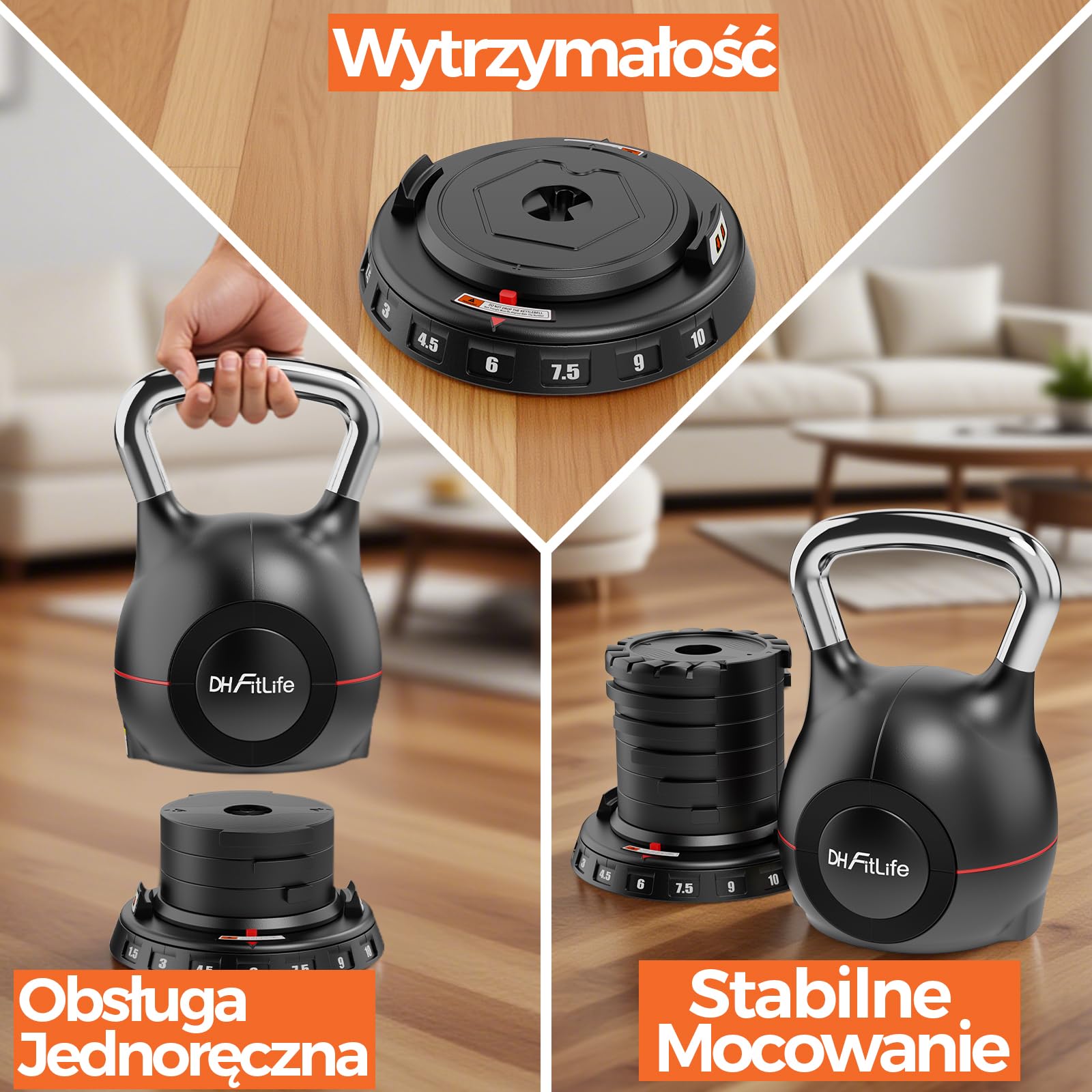 DH FitLife Regulowany Kettlebell 7w1 (1,5-10 kg) – Odważnik Kulkowy z 7 Poziomami Wagi do Treningu Domowego i Fitness, Kompaktowy i Oszczędzający Miejsce