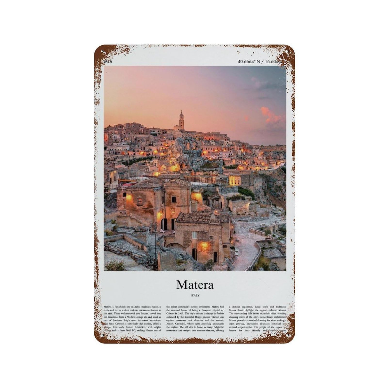 xiaoxiaoshen Matera City Scenery Wall Decor Art Metal Tin Poster Modern Home Decor Art Home Bar Shop Decorations Vintage Sign 30x20cm