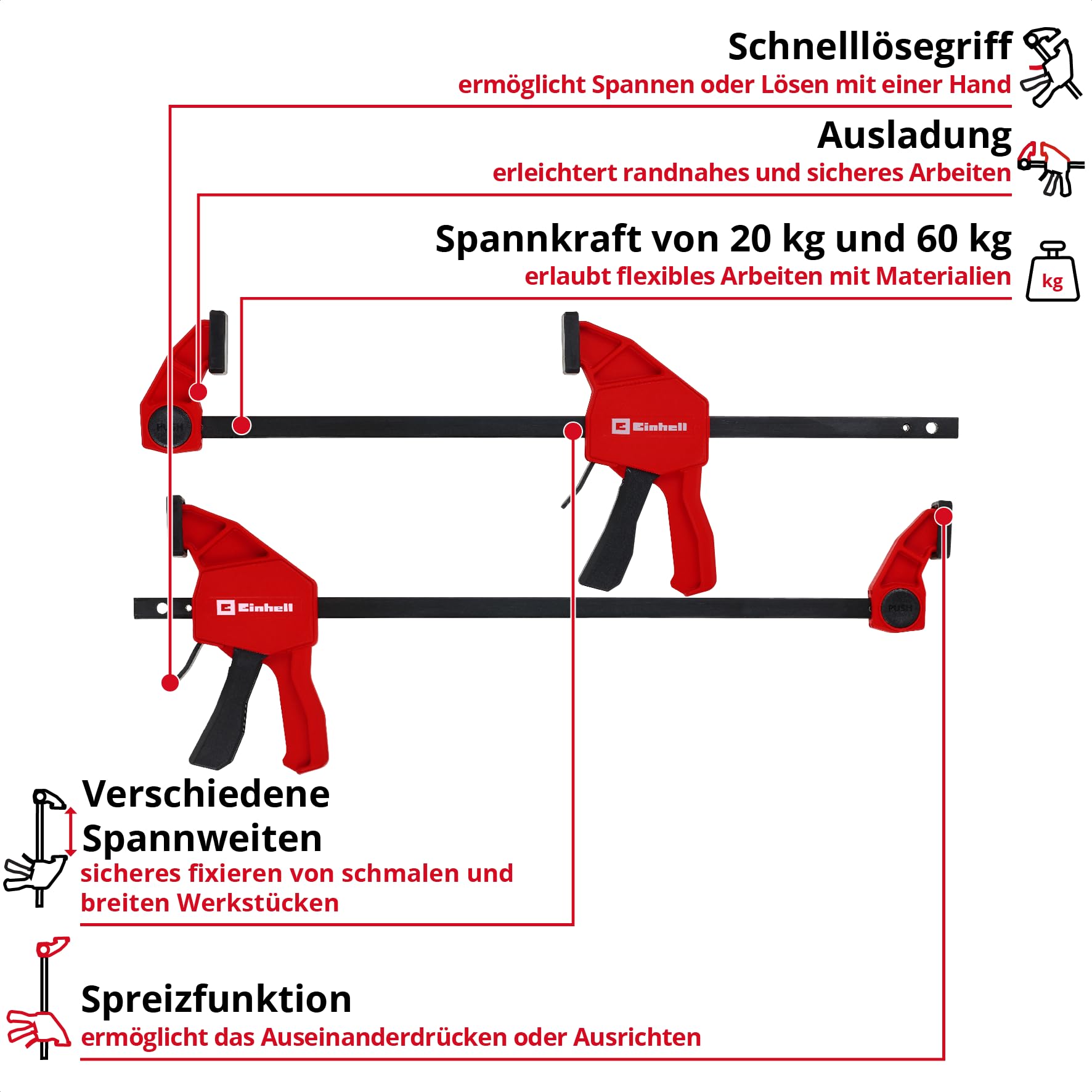Einhell Einhandzwingen-Set 2 x 100 mm, 2 x 150 mm (Schnelllösegriff, 100/150 mm Spannweite, 20/60 kg Spannkraft, Spreizfunktion, Ausladung, werkzeugfreier Umbau)