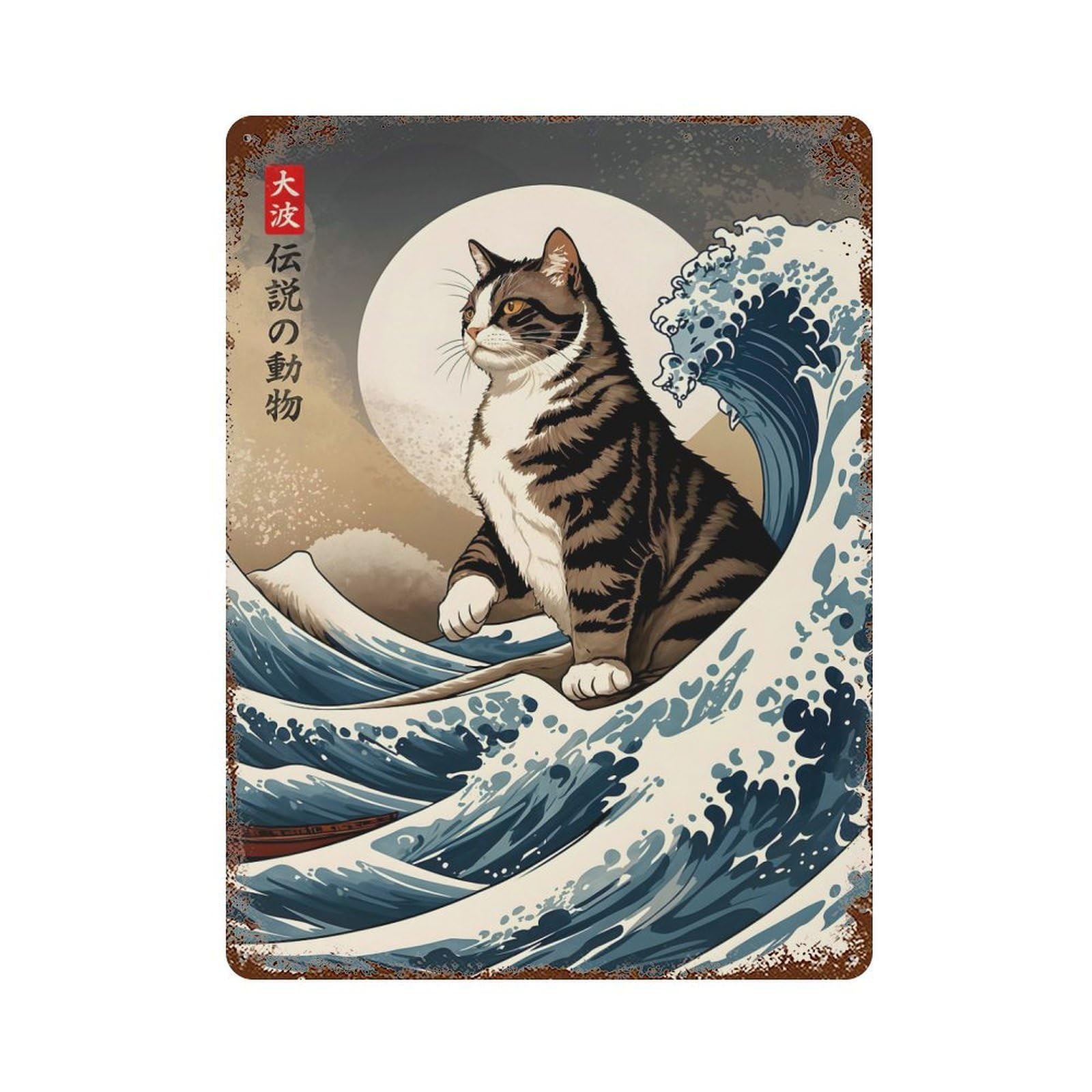 Garage Style Great Wave of Cat Distressed Metal Wall Sign 15.7"x11.8", Novelty Wall Decor for Bar And Workshop