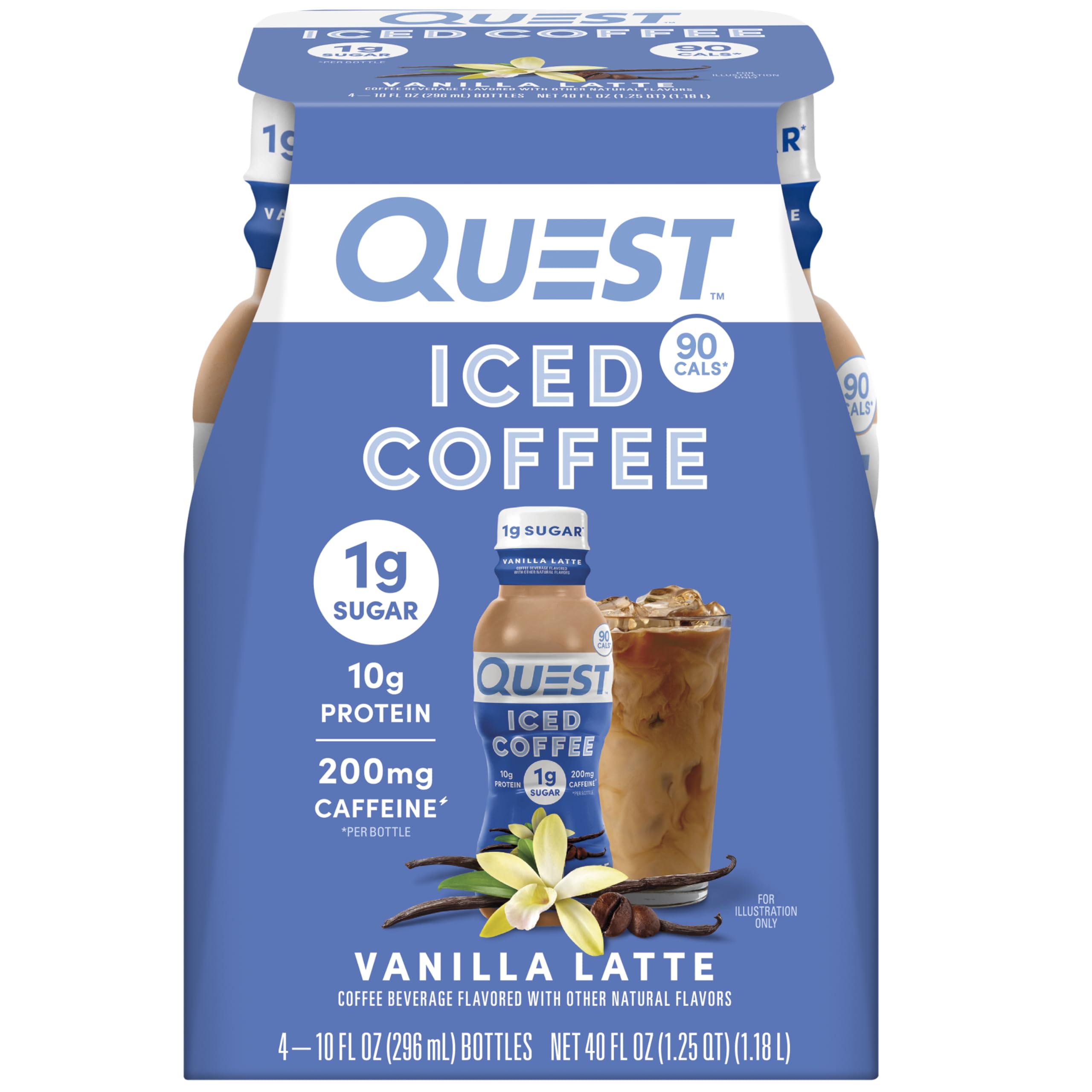 Quest Nutrition Iced Coffee, Vanilla Latte, 1g of Sugar, 10g of Protein, 90 calories, 200mg of caffeine, 4 Count