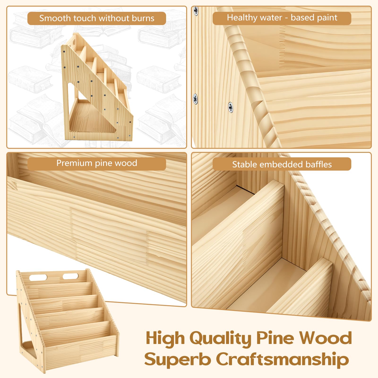 Scaffale Montessori per Bambini, Libreria a 4 Ripiani Orientata Verso l’Anteriore, Scaffale Retro Pratico Contenitore, in Legno di Pino Stabile, per Soggiorno, Bambini 41,9x30,4x41,9cm