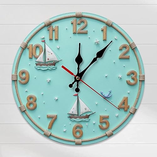Miniatura 8 de Nautical Clock with Sailing Ships 2D 12 Inch Silent Wall Clock, Frameless Wooden Round Clock with Quartz Movement for Bathroom, Kitchen, Living