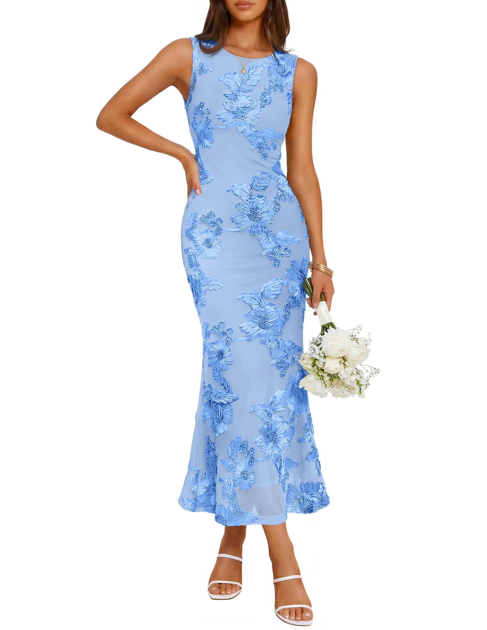 Photo 1 of ZESICA Women's Floral Midi Dress Blue M